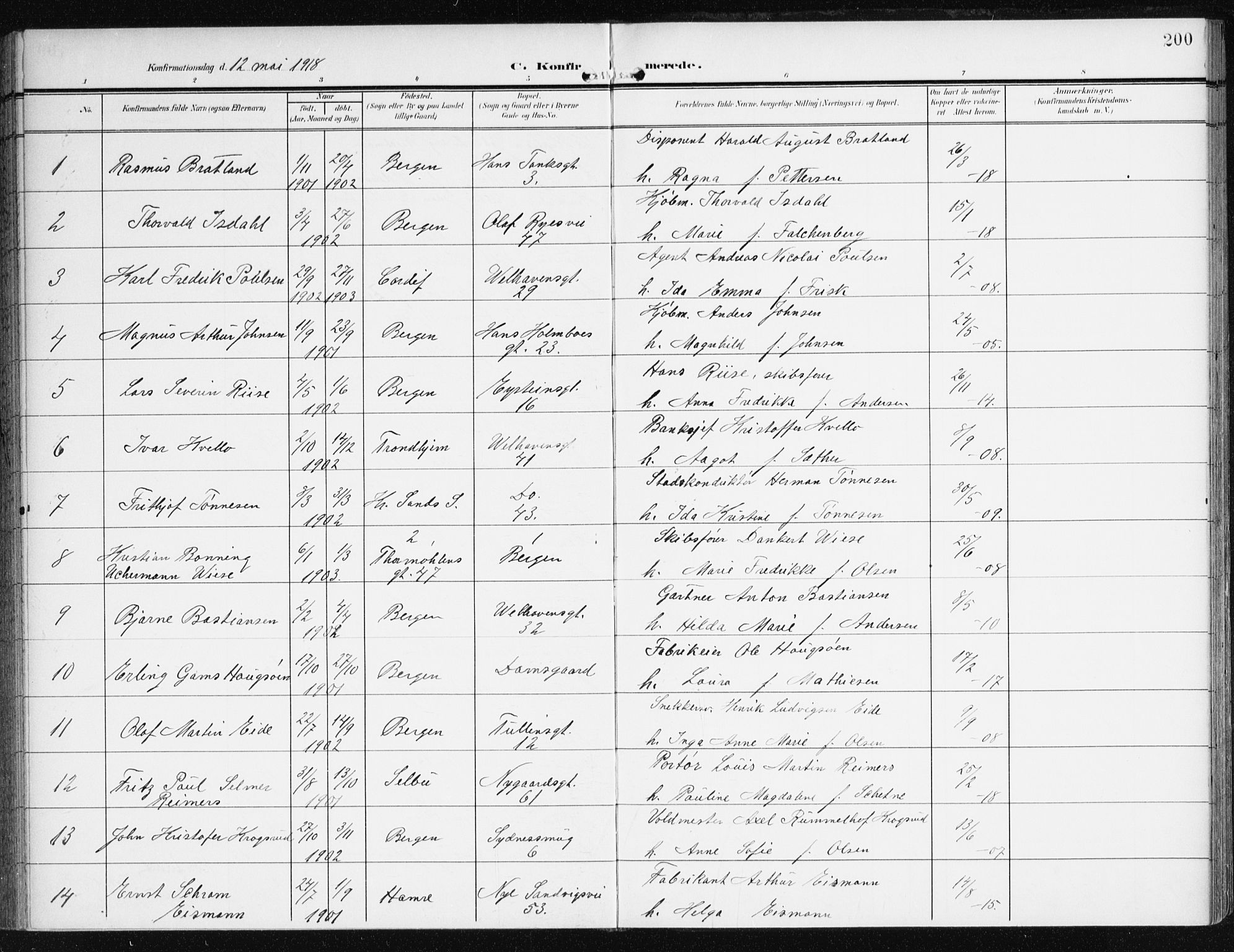 Johanneskirken sokneprestembete, AV/SAB-A-76001/H/Haa/L0009: Parish register (official) no. C 2, 1907-1924, p. 200