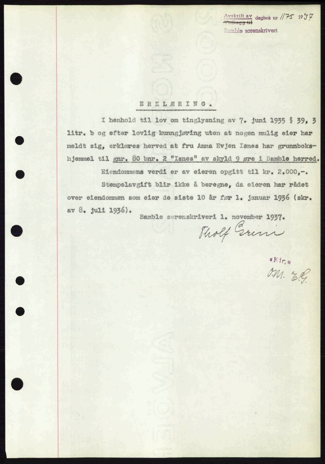 Bamble sorenskriveri, AV/SAKO-A-214/G/Ga/Gag/L0002: Mortgage book no. A-2, 1937-1938, Diary no: : 1175/1937