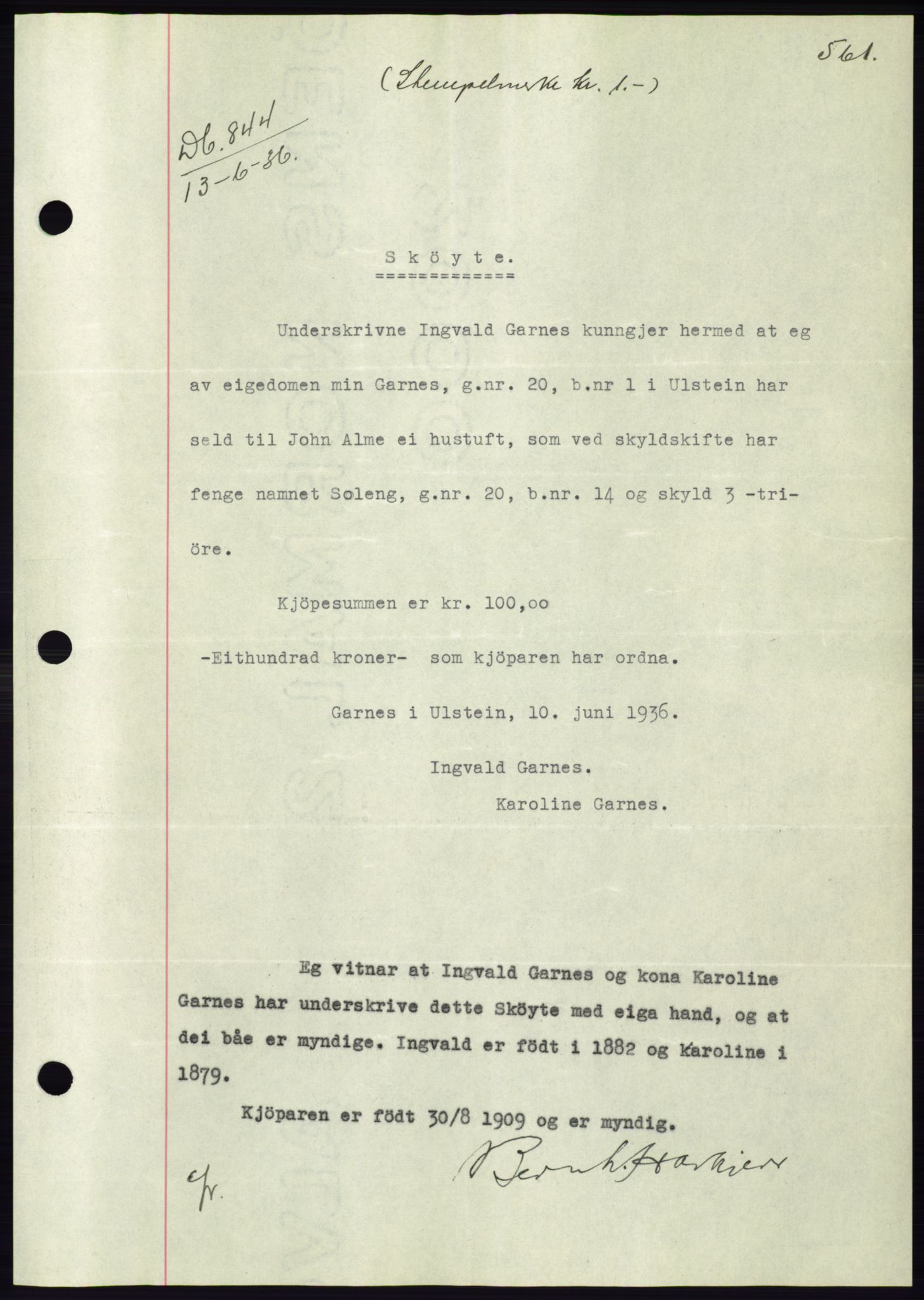 Søre Sunnmøre sorenskriveri, AV/SAT-A-4122/1/2/2C/L0060: Mortgage book no. 54, 1935-1936, Deed date: 15.06.1936