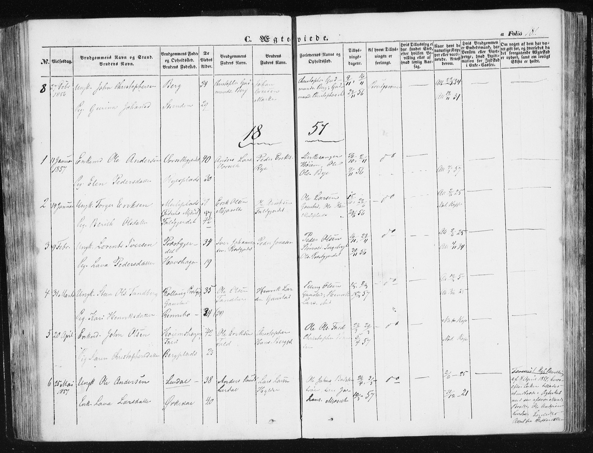 Ministerialprotokoller, klokkerbøker og fødselsregistre - Sør-Trøndelag, AV/SAT-A-1456/612/L0376: Parish register (official) no. 612A08, 1846-1859, p. 181