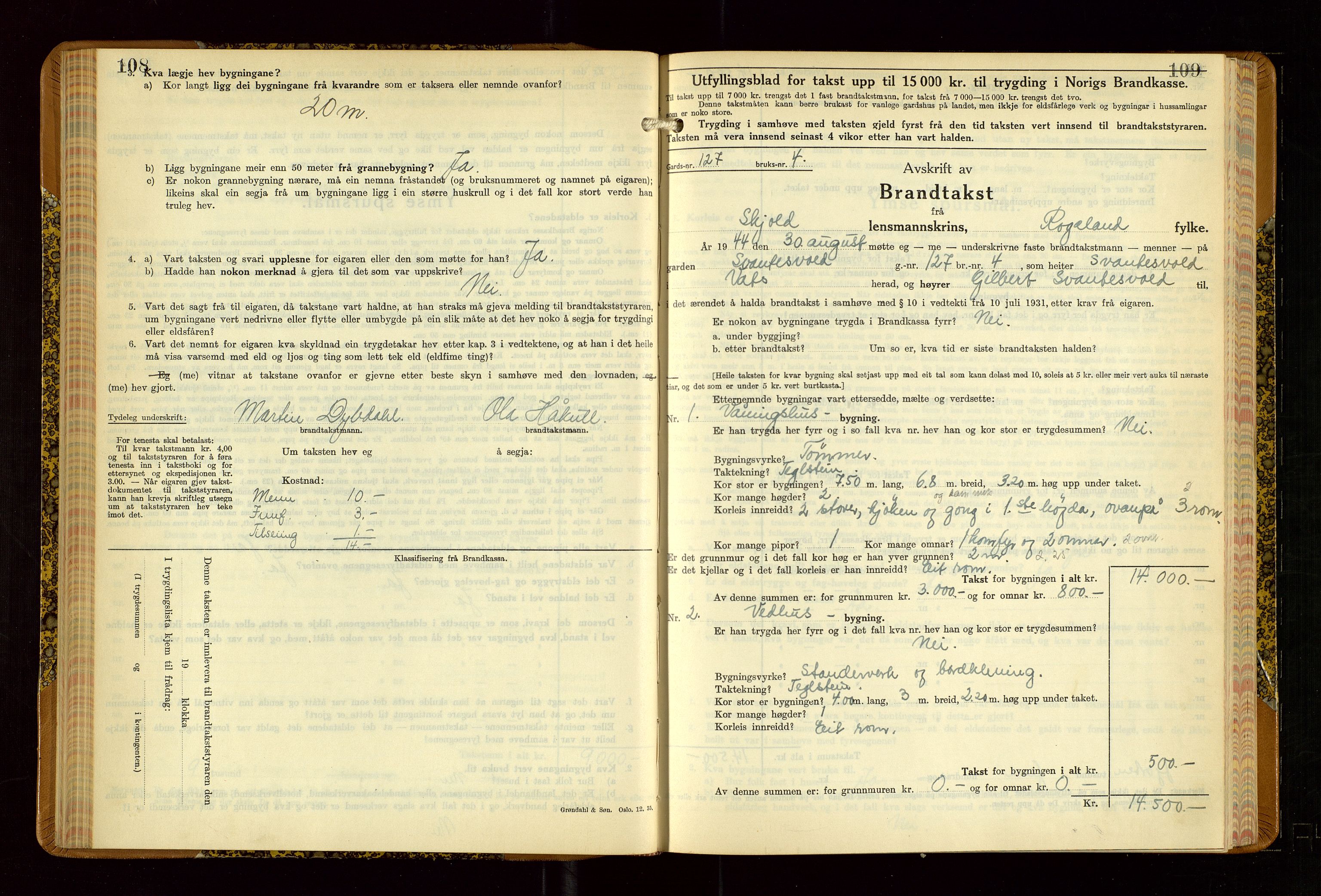 Skjold lensmannskontor, SAST/A-100182/Gob/L0002: "Branntakstbok for Skjold lensmannskrins Rogaland fylke", 1939-1952, p. 108-109