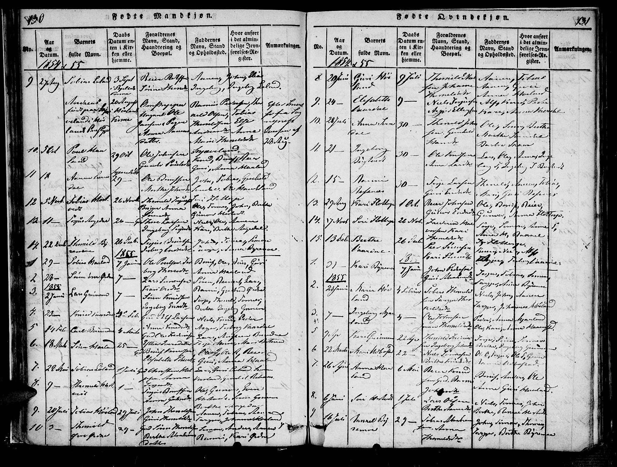 Bjelland sokneprestkontor, SAK/1111-0005/F/Fa/Fac/L0001: Parish register (official) no. A 1, 1815-1866, p. 130-131