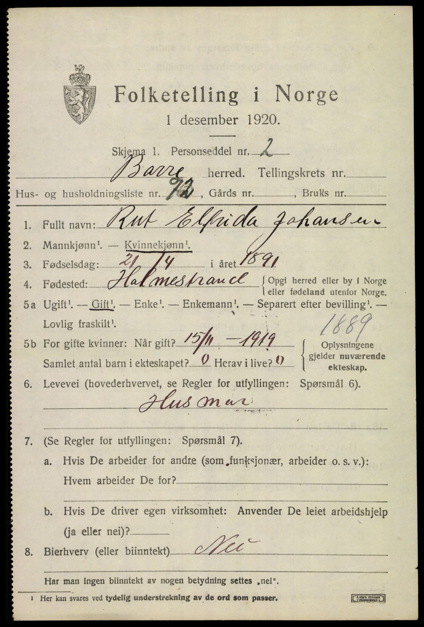 SAKO, 1920 census for Borre, 1920, p. 2622