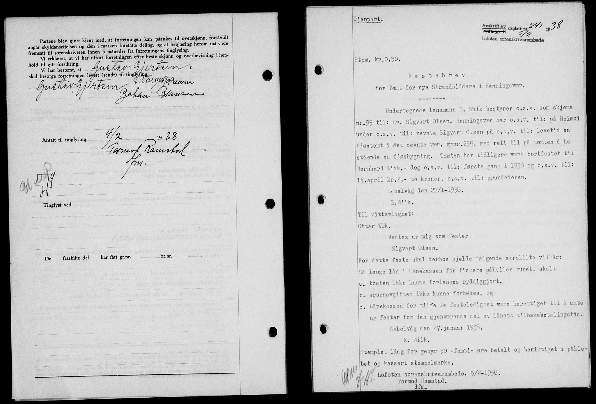 Lofoten sorenskriveri, SAT/A-0017/1/2/2C/L0003a: Mortgage book no. 3a, 1937-1938, Diary no: : 241/1938