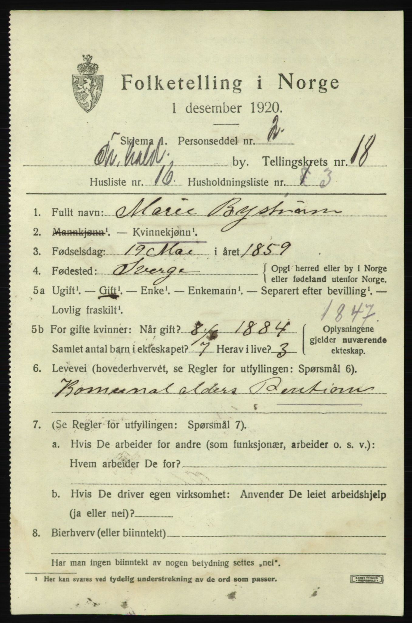 SAO, 1920 census for Fredrikshald, 1920, p. 27463
