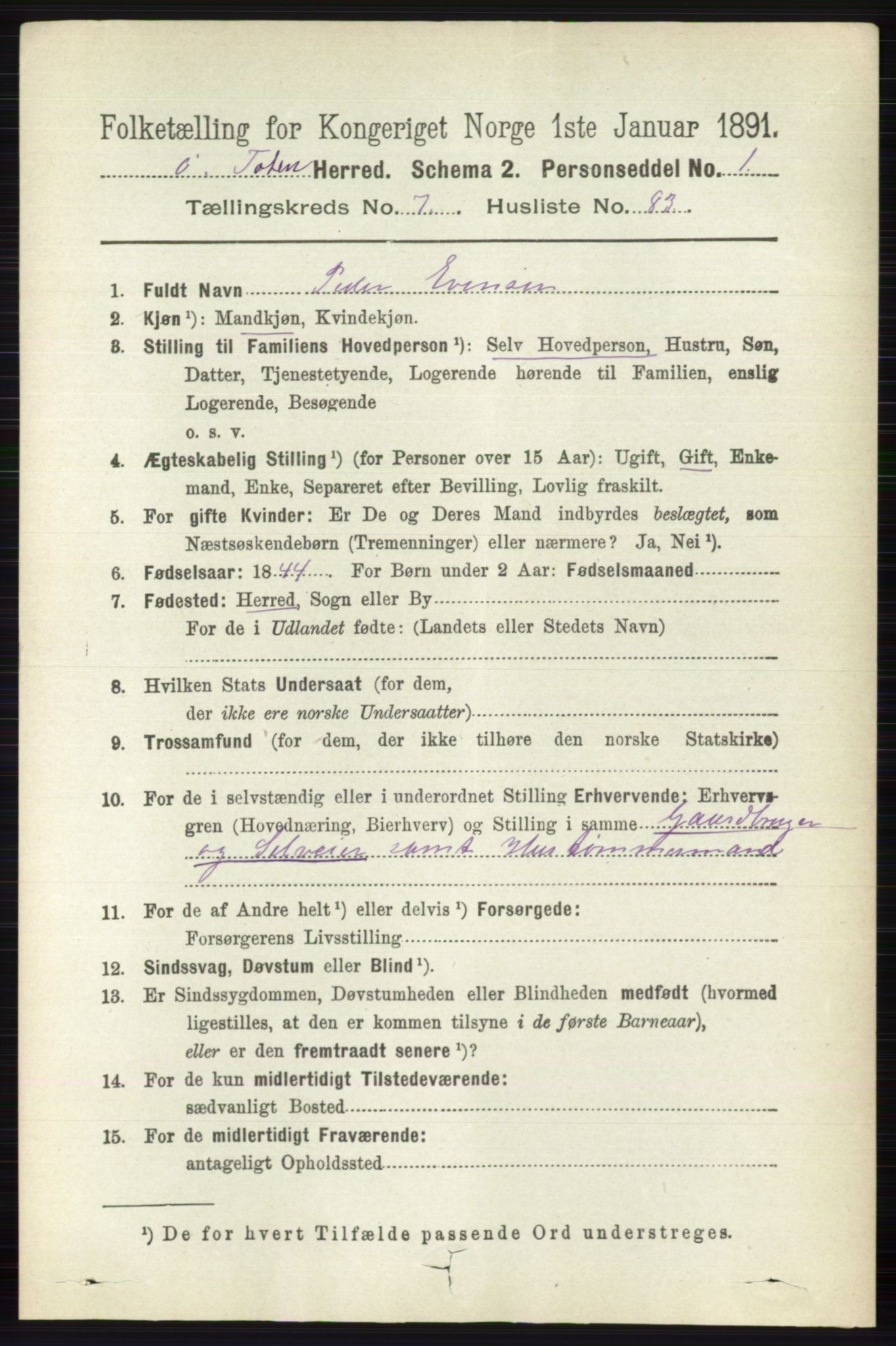 RA, 1891 census for 0528 Østre Toten, 1891, p. 4916