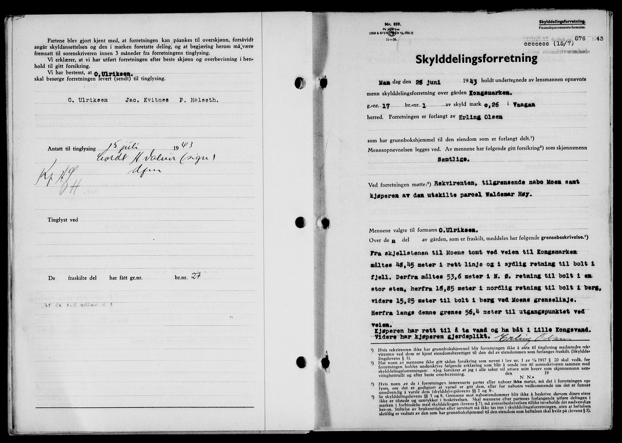 Lofoten sorenskriveri, SAT/A-0017/1/2/2C/L0011a: Mortgage book no. 11a, 1943-1943, Diary no: : 876/1943