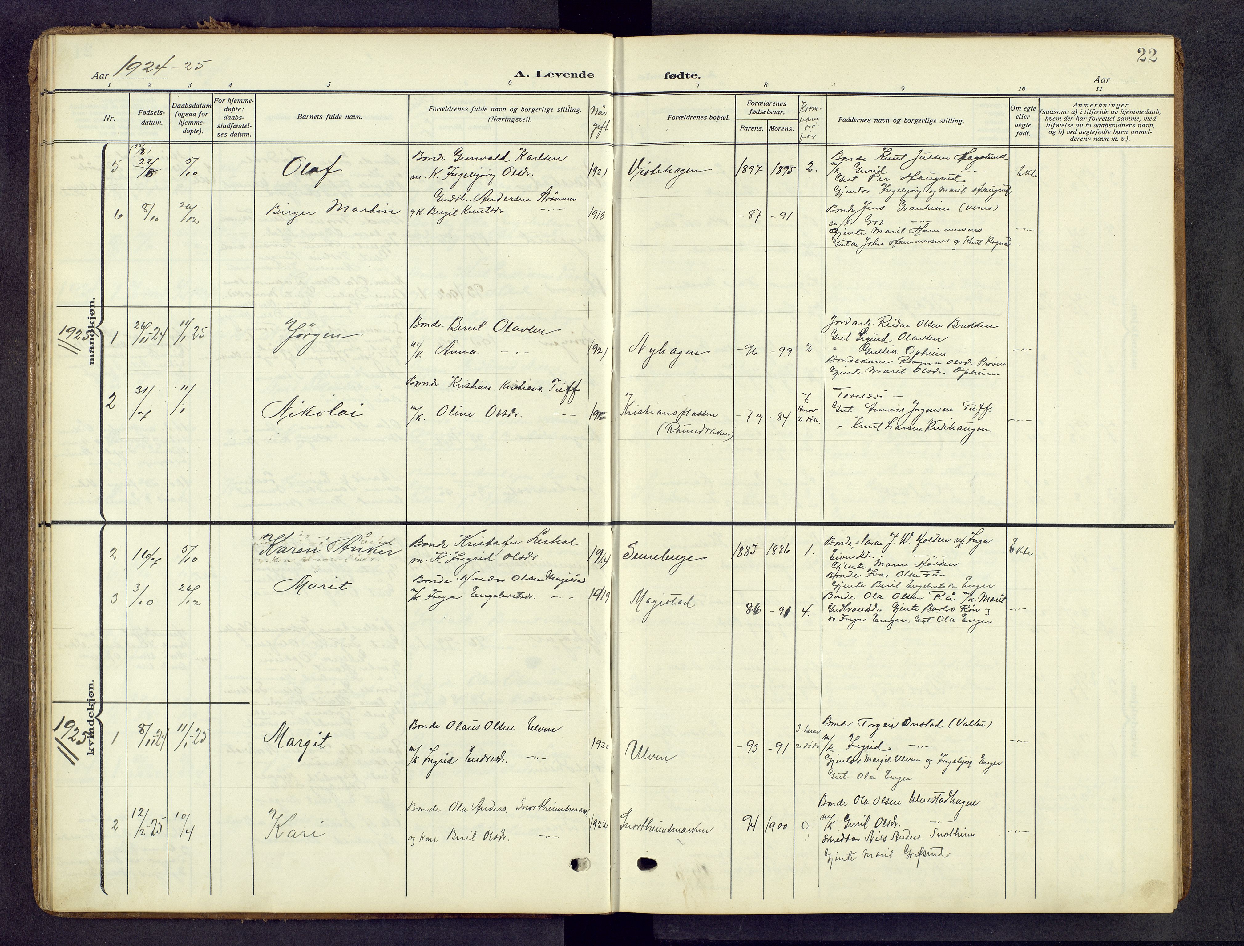 Vestre Slidre prestekontor, SAH/PREST-136/H/Ha/Hab/L0008: Parish register (copy) no. 8, 1909-1952, p. 22