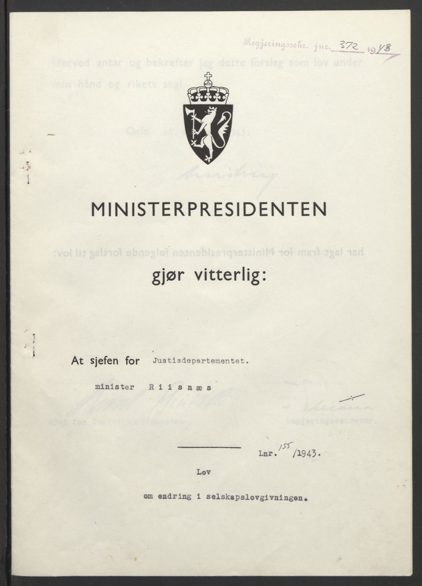 NS-administrasjonen 1940-1945 (Statsrådsekretariatet, de kommisariske statsråder mm), RA/S-4279/D/Db/L0099: Lover, 1943, p. 735