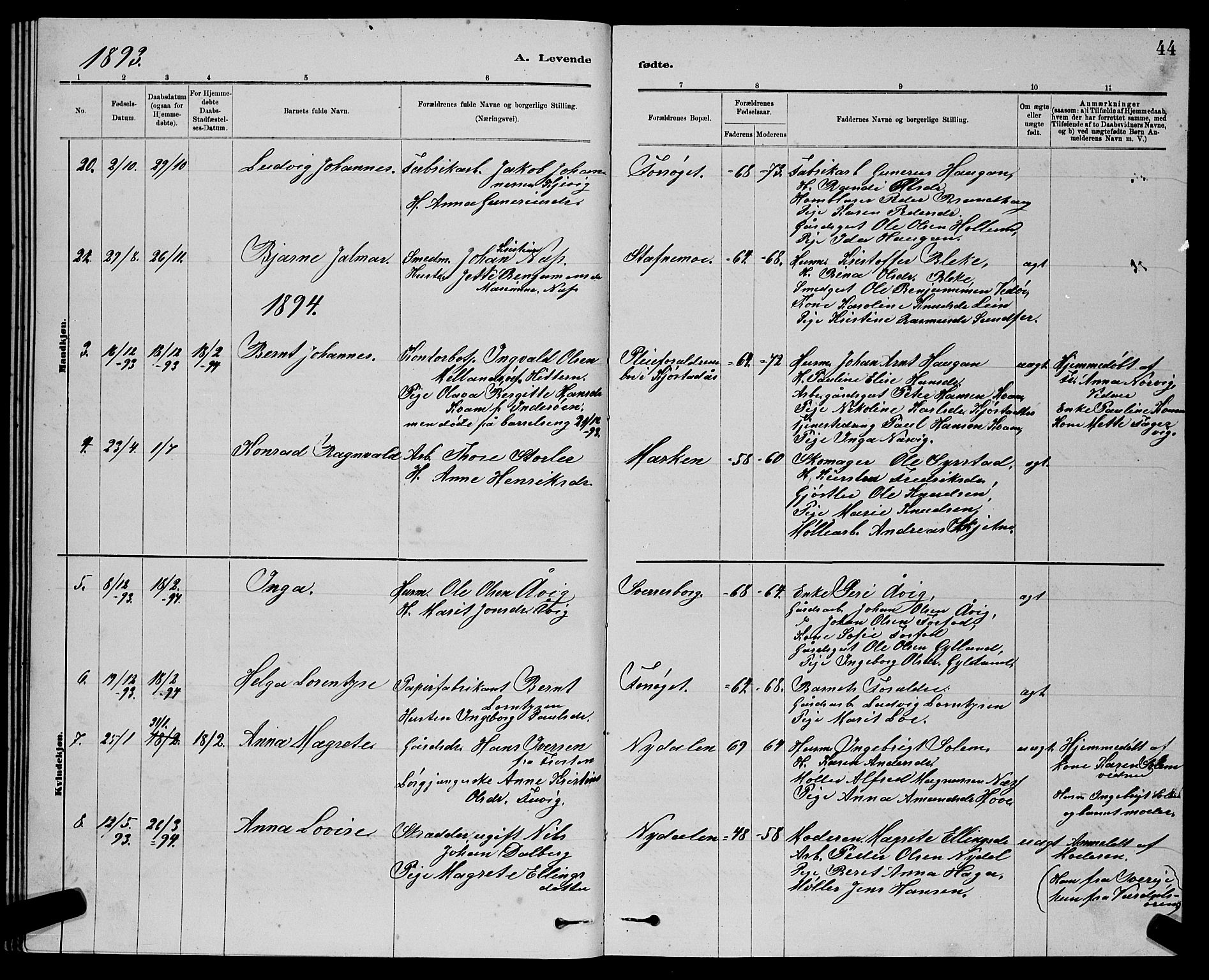 Ministerialprotokoller, klokkerbøker og fødselsregistre - Sør-Trøndelag, SAT/A-1456/611/L0354: Parish register (copy) no. 611C02, 1881-1896, p. 44