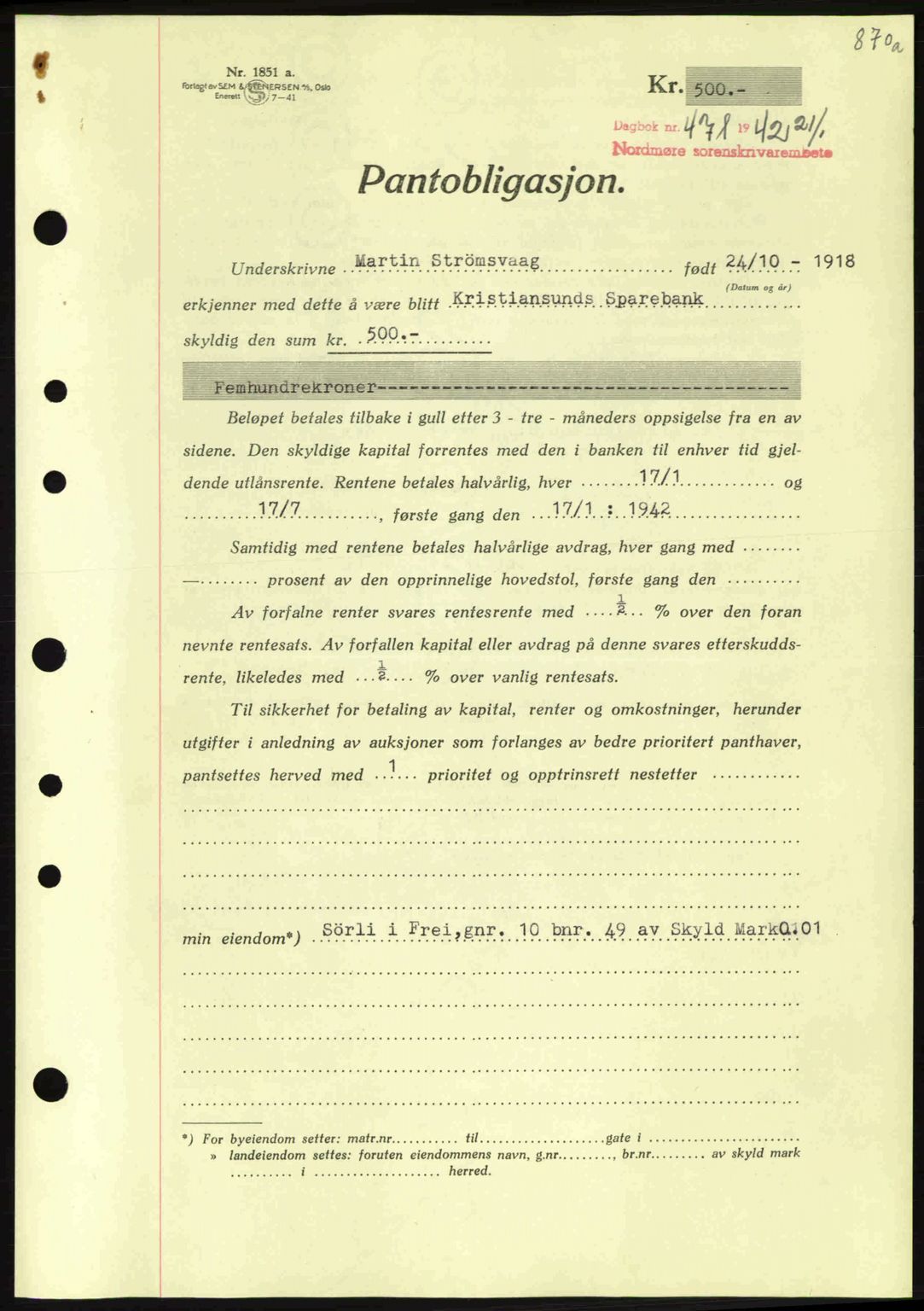 Nordmøre sorenskriveri, AV/SAT-A-4132/1/2/2Ca: Mortgage book no. B88, 1941-1942, Diary no: : 471/1942