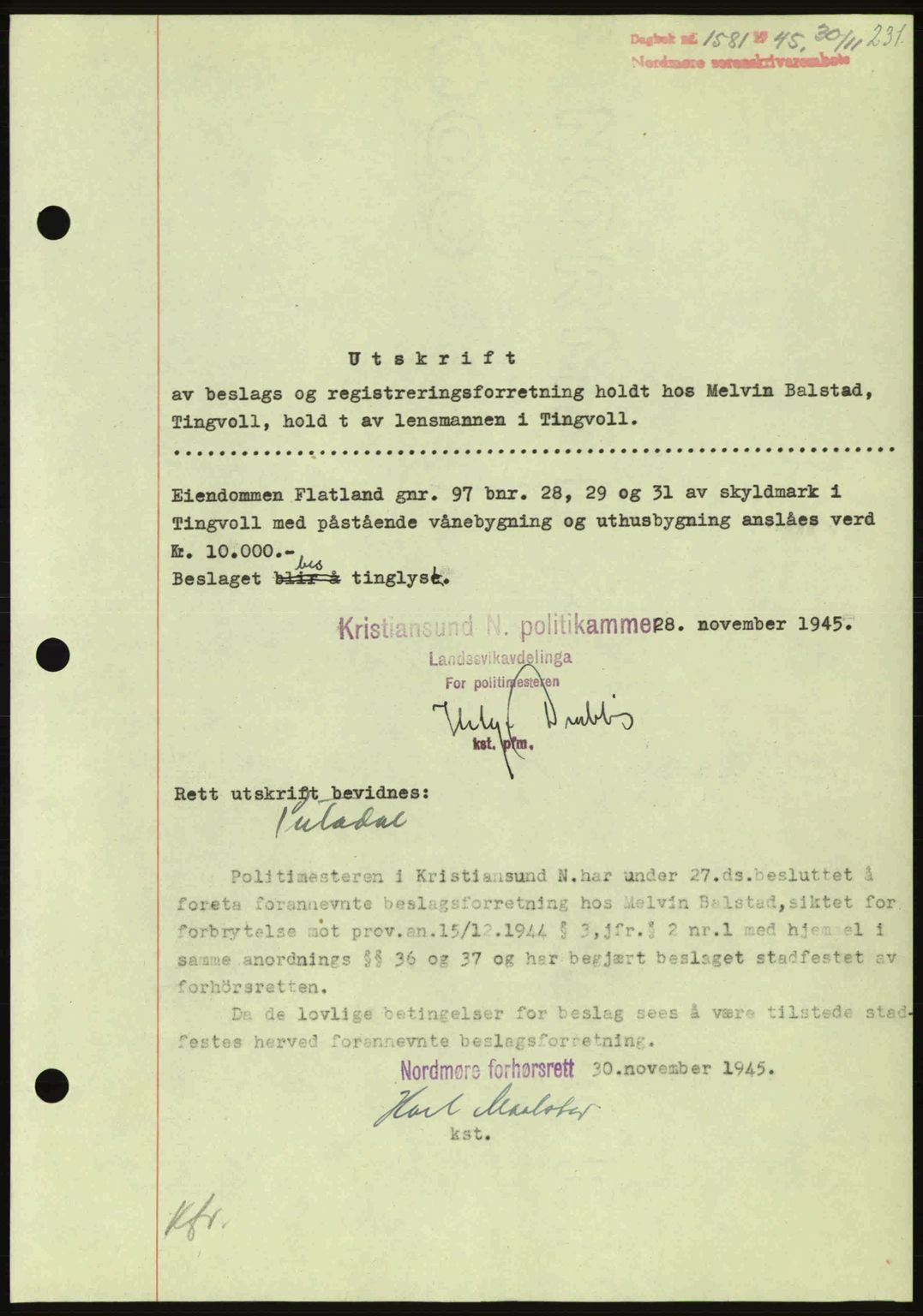 Nordmøre sorenskriveri, AV/SAT-A-4132/1/2/2Ca: Mortgage book no. B93a, 1945-1945, Diary no: : 1581/1945