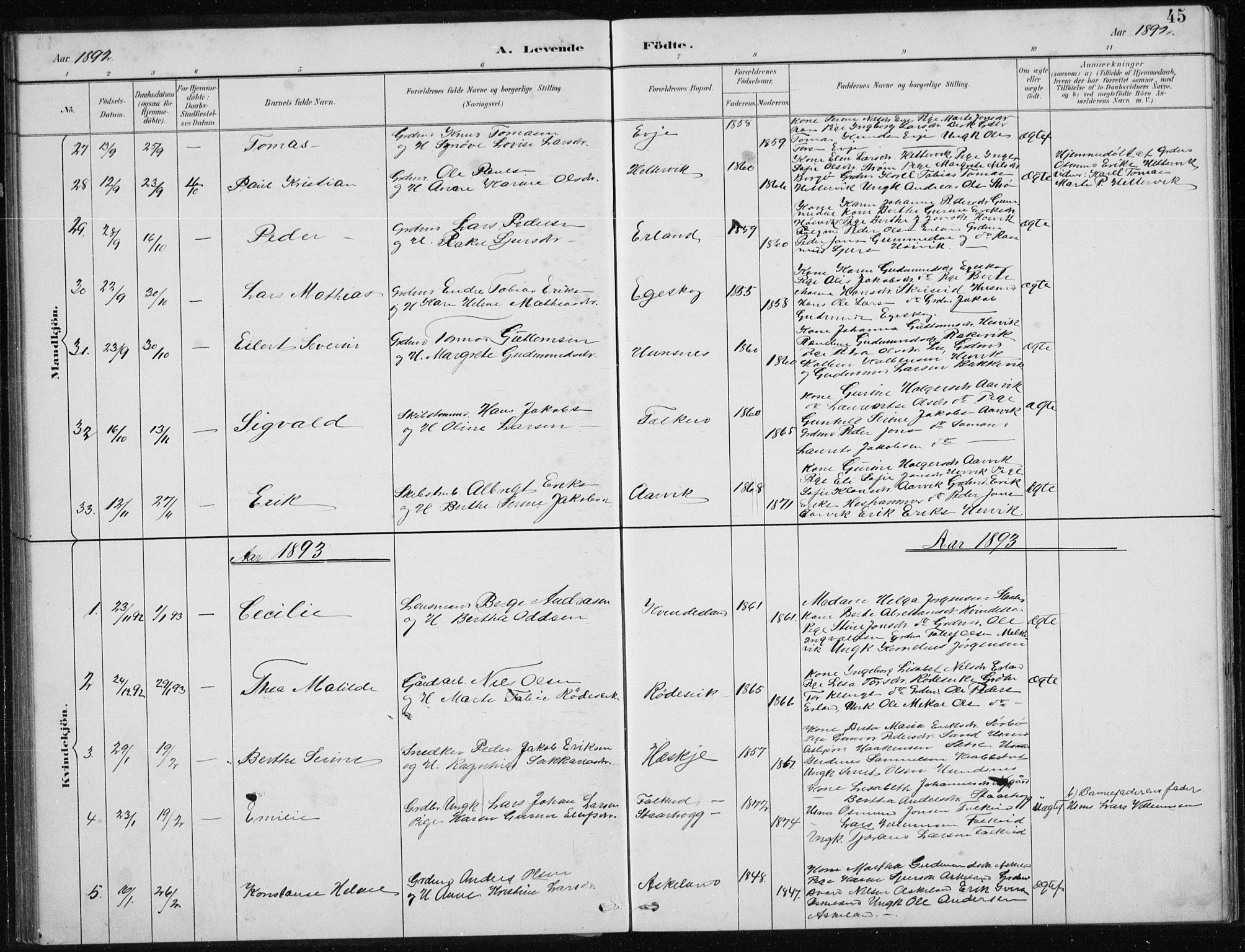 Tysvær sokneprestkontor, AV/SAST-A -101864/H/Ha/Hab/L0004: Parish register (copy) no. B 4, 1883-1896, p. 45