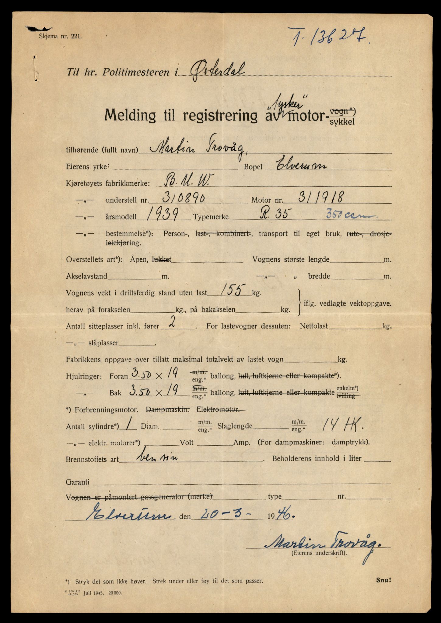 Møre og Romsdal vegkontor - Ålesund trafikkstasjon, AV/SAT-A-4099/F/Fe/L0040: Registreringskort for kjøretøy T 13531 - T 13709, 1927-1998, p. 1715