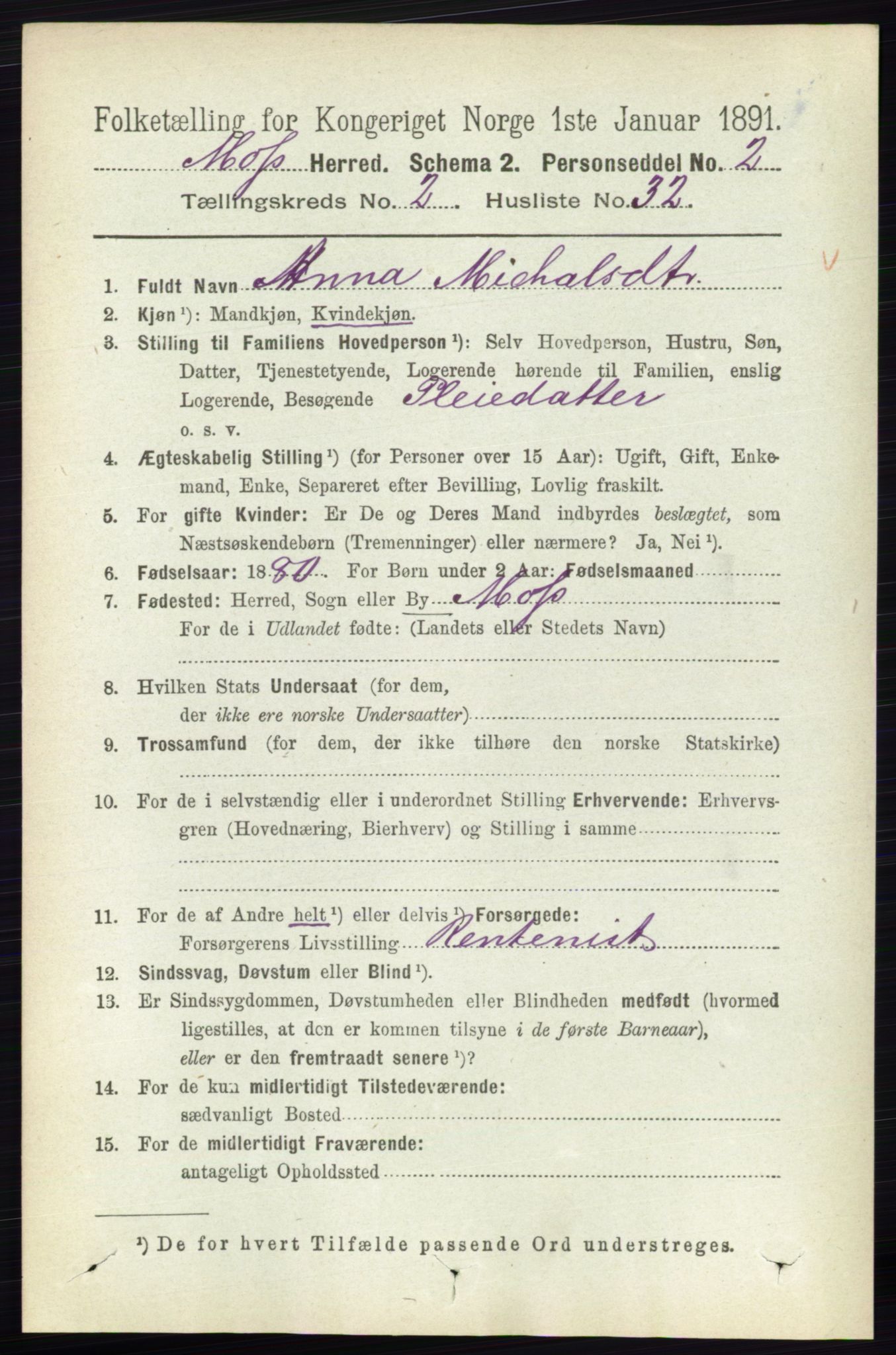 RA, 1891 Census for 0194 Moss, 1891, p. 1062