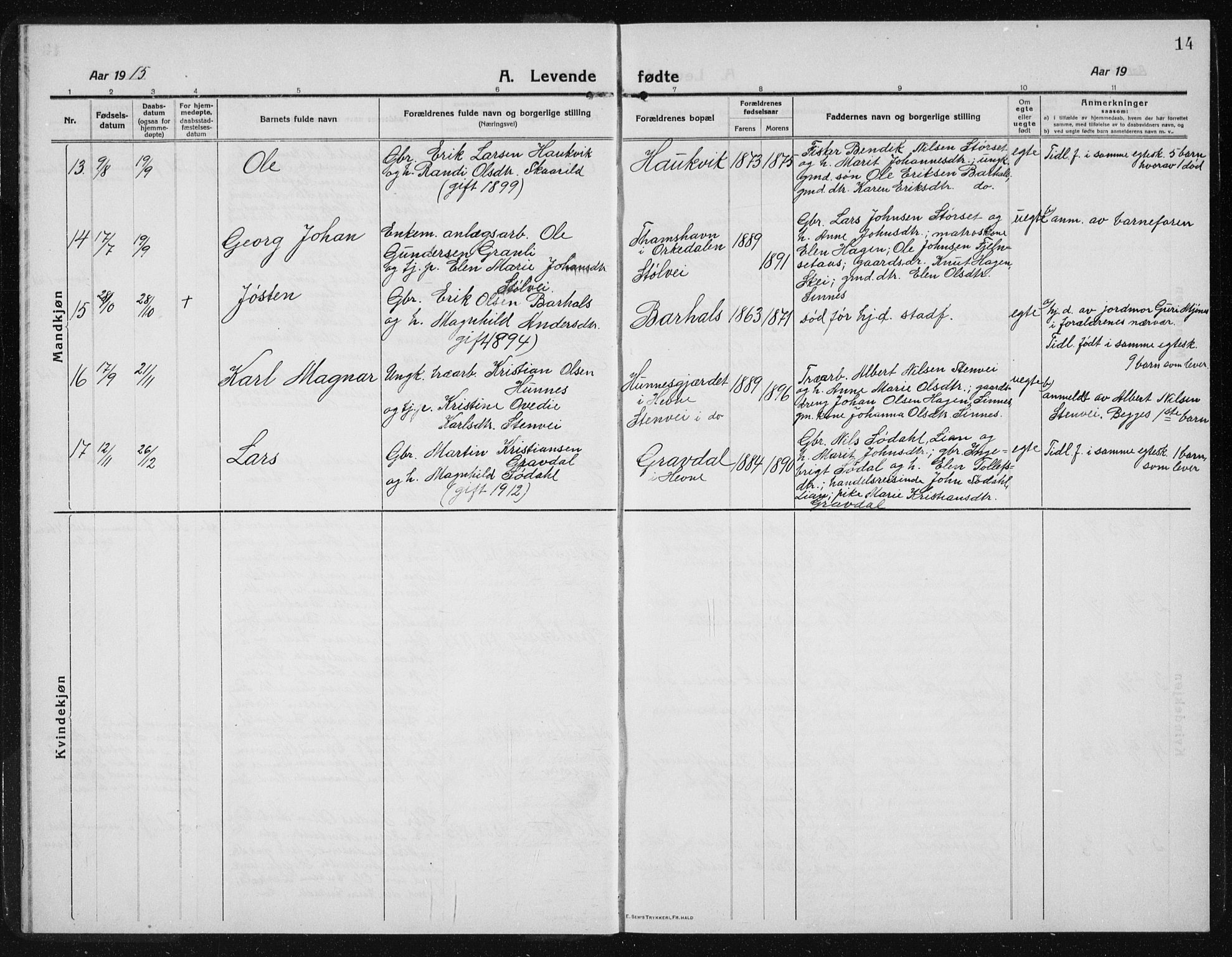 Ministerialprotokoller, klokkerbøker og fødselsregistre - Sør-Trøndelag, AV/SAT-A-1456/631/L0515: Parish register (copy) no. 631C03, 1913-1939, p. 14