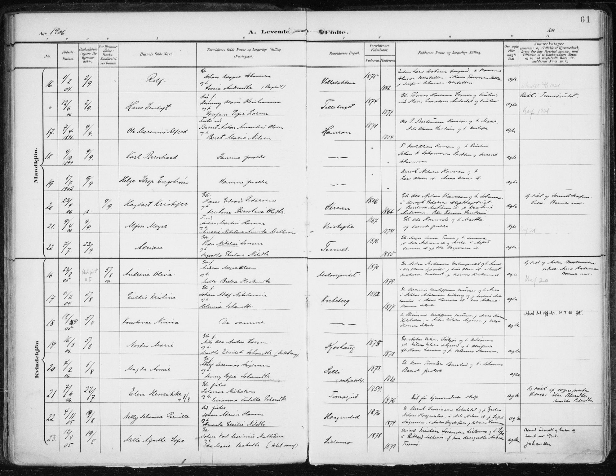 Balsfjord sokneprestembete, AV/SATØ-S-1303/G/Ga/L0006kirke: Parish register (official) no. 6, 1897-1909, p. 61