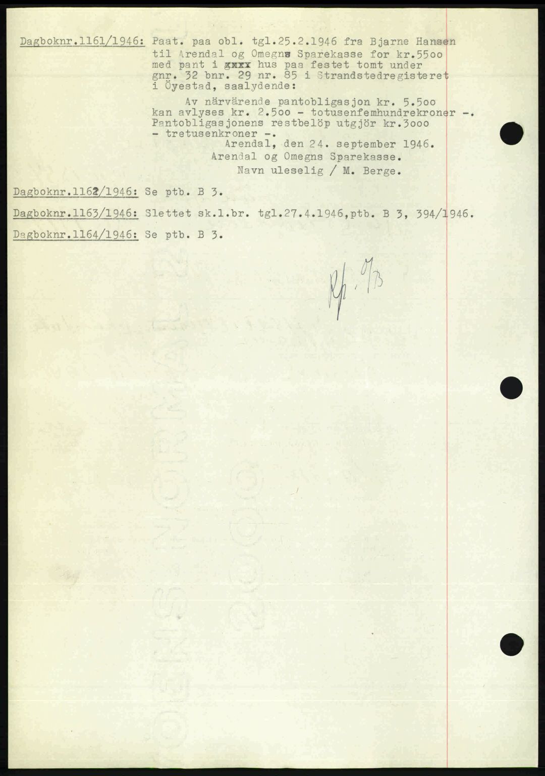 Nedenes sorenskriveri, SAK/1221-0006/G/Gb/Gba/L0056: Mortgage book no. A8, 1946-1947, Diary no: : 1161/1946
