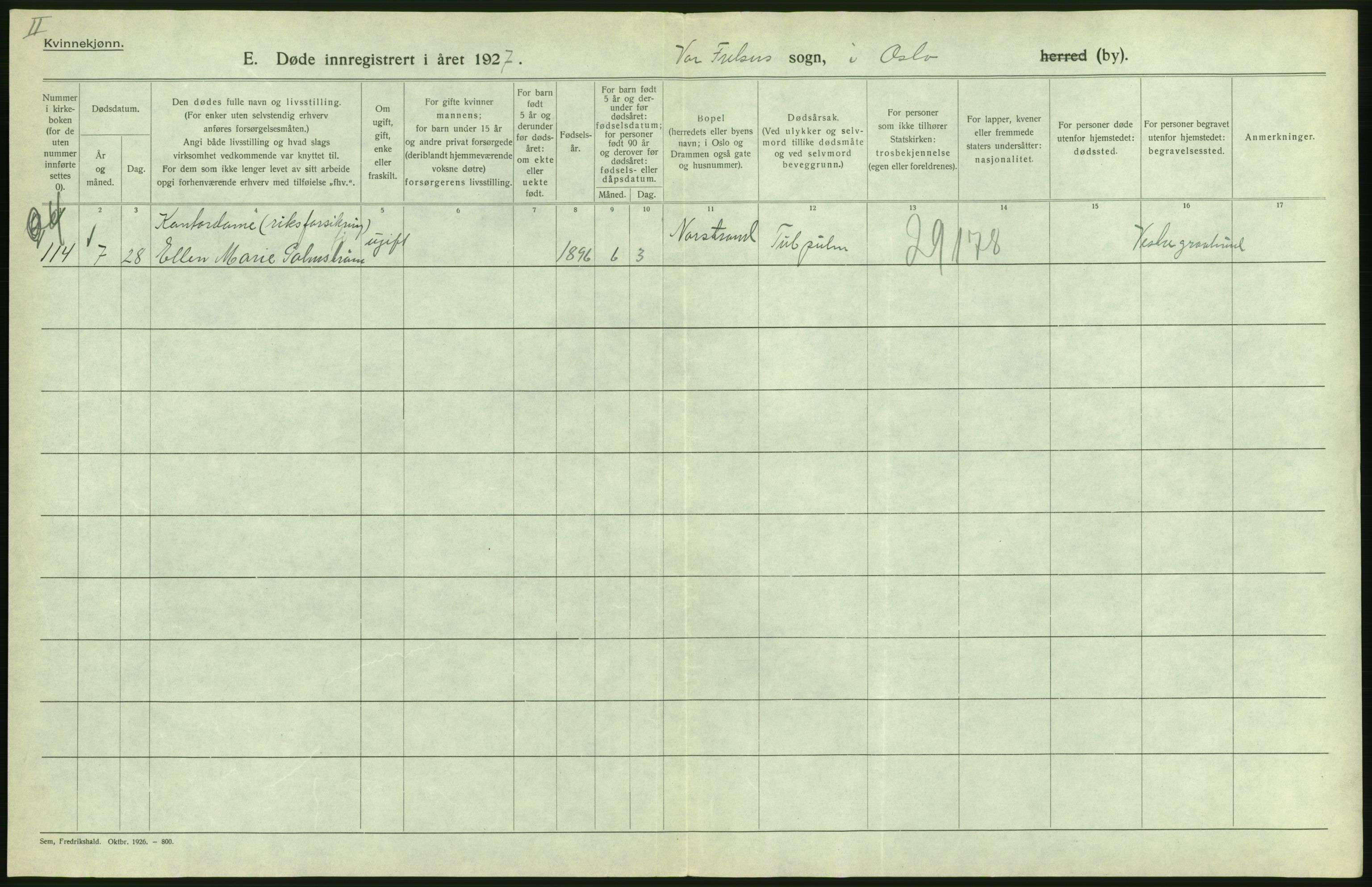 Statistisk sentralbyrå, Sosiodemografiske emner, Befolkning, AV/RA-S-2228/D/Df/Dfc/Dfcg/L0010: Oslo: Døde kvinner, dødfødte, 1927, p. 168