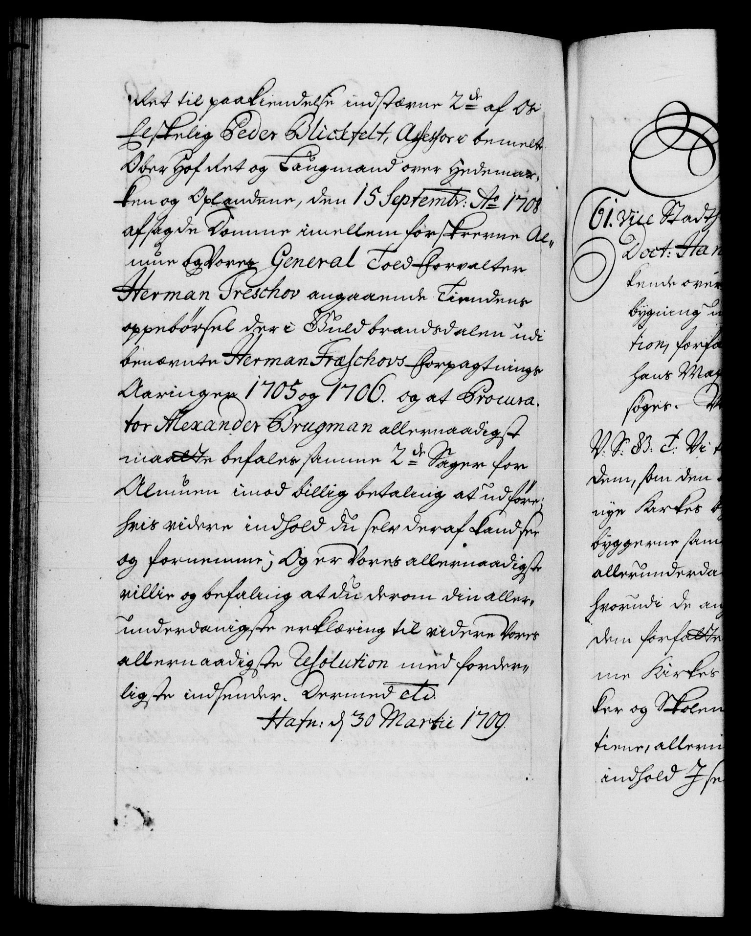 Danske Kanselli 1572-1799, AV/RA-EA-3023/F/Fc/Fca/Fcab/L0018: Norske tegnelser, 1707-1709, p. 526b