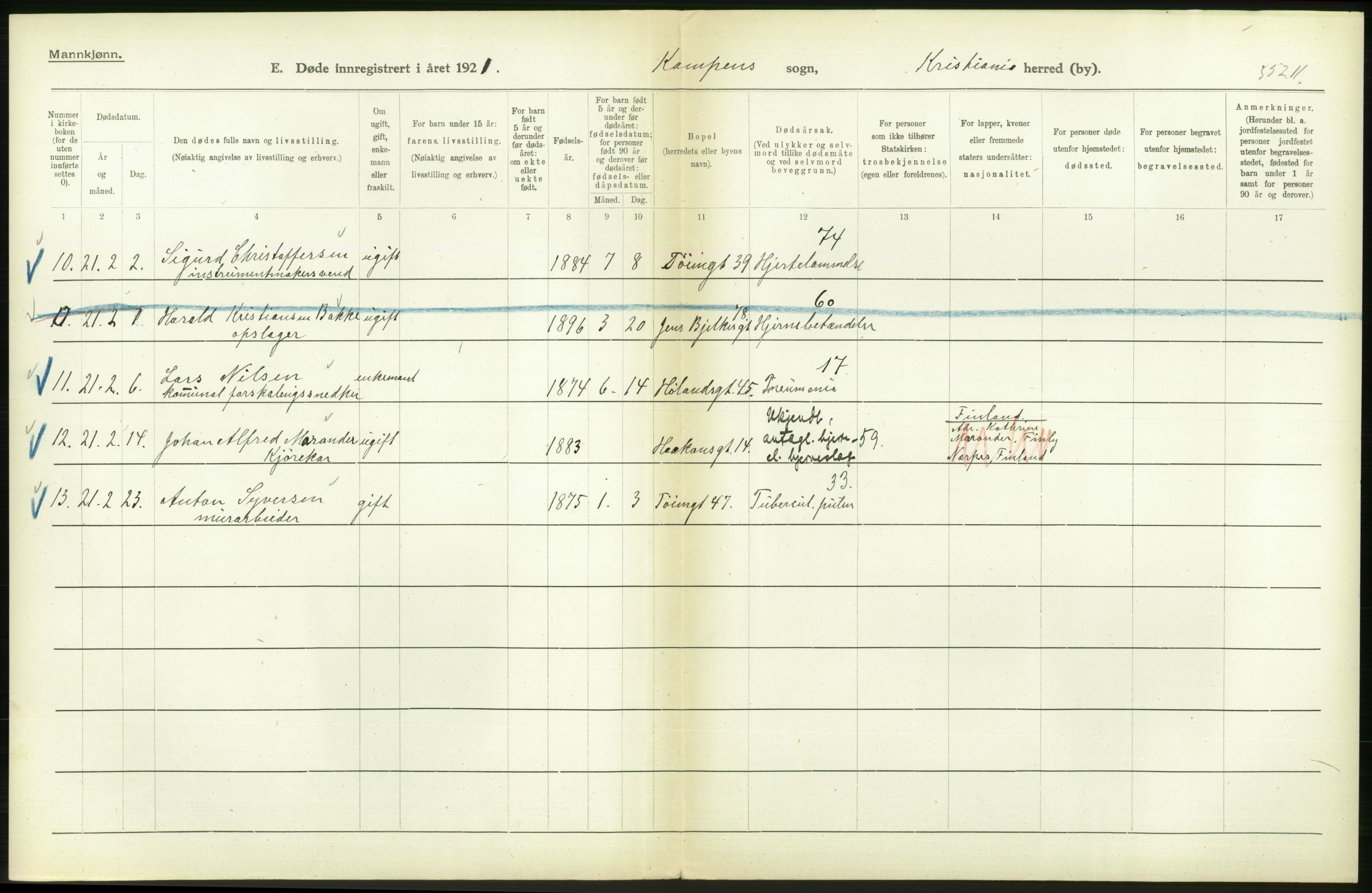 Statistisk sentralbyrå, Sosiodemografiske emner, Befolkning, AV/RA-S-2228/D/Df/Dfc/Dfca/L0013: Kristiania: Døde, dødfødte, 1921, p. 350