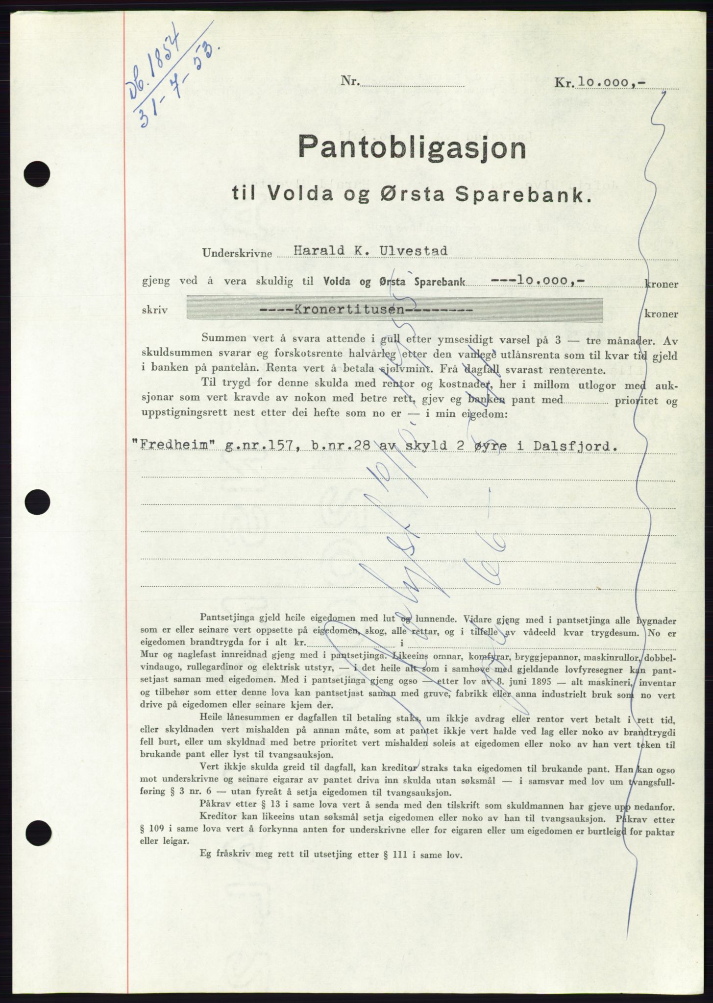 Søre Sunnmøre sorenskriveri, AV/SAT-A-4122/1/2/2C/L0123: Mortgage book no. 11B, 1953-1953, Diary no: : 1854/1953