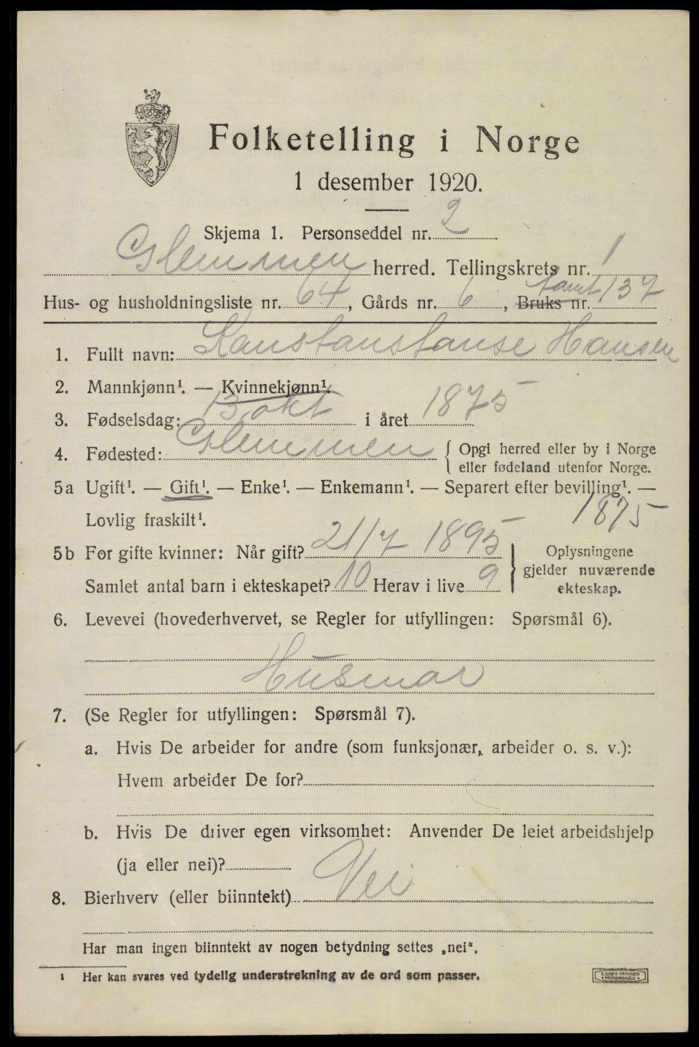 SAO, 1920 census for Glemmen, 1920, p. 4053