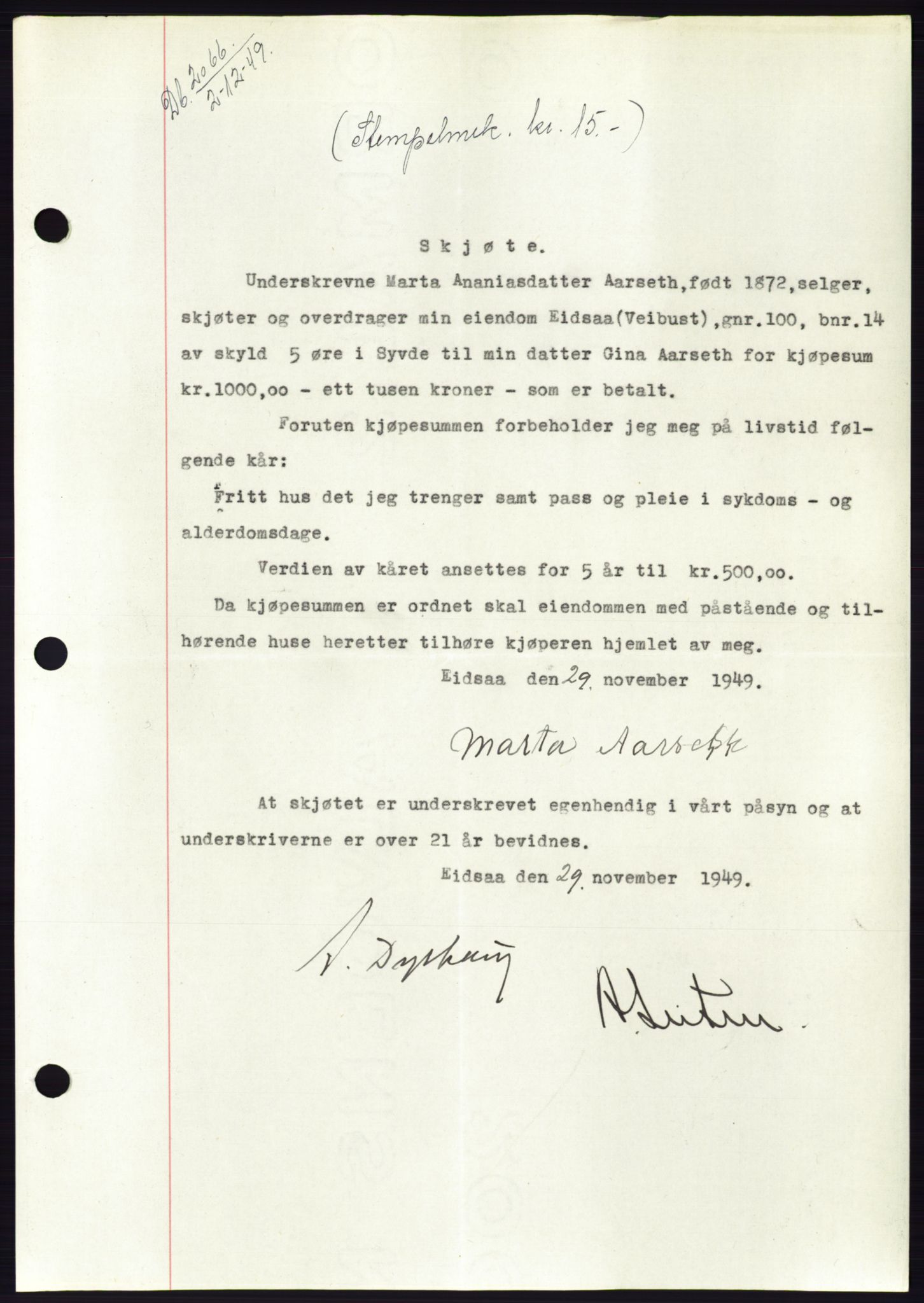 Søre Sunnmøre sorenskriveri, AV/SAT-A-4122/1/2/2C/L0085: Mortgage book no. 11A, 1949-1949, Diary no: : 2066/1949