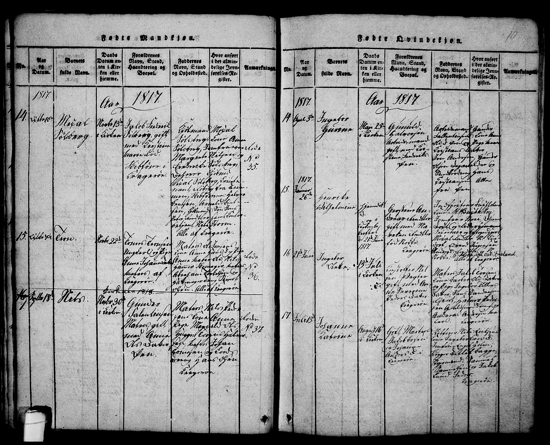 Kragerø kirkebøker, SAKO/A-278/G/Ga/L0002: Parish register (copy) no. 2, 1814-1831, p. 19