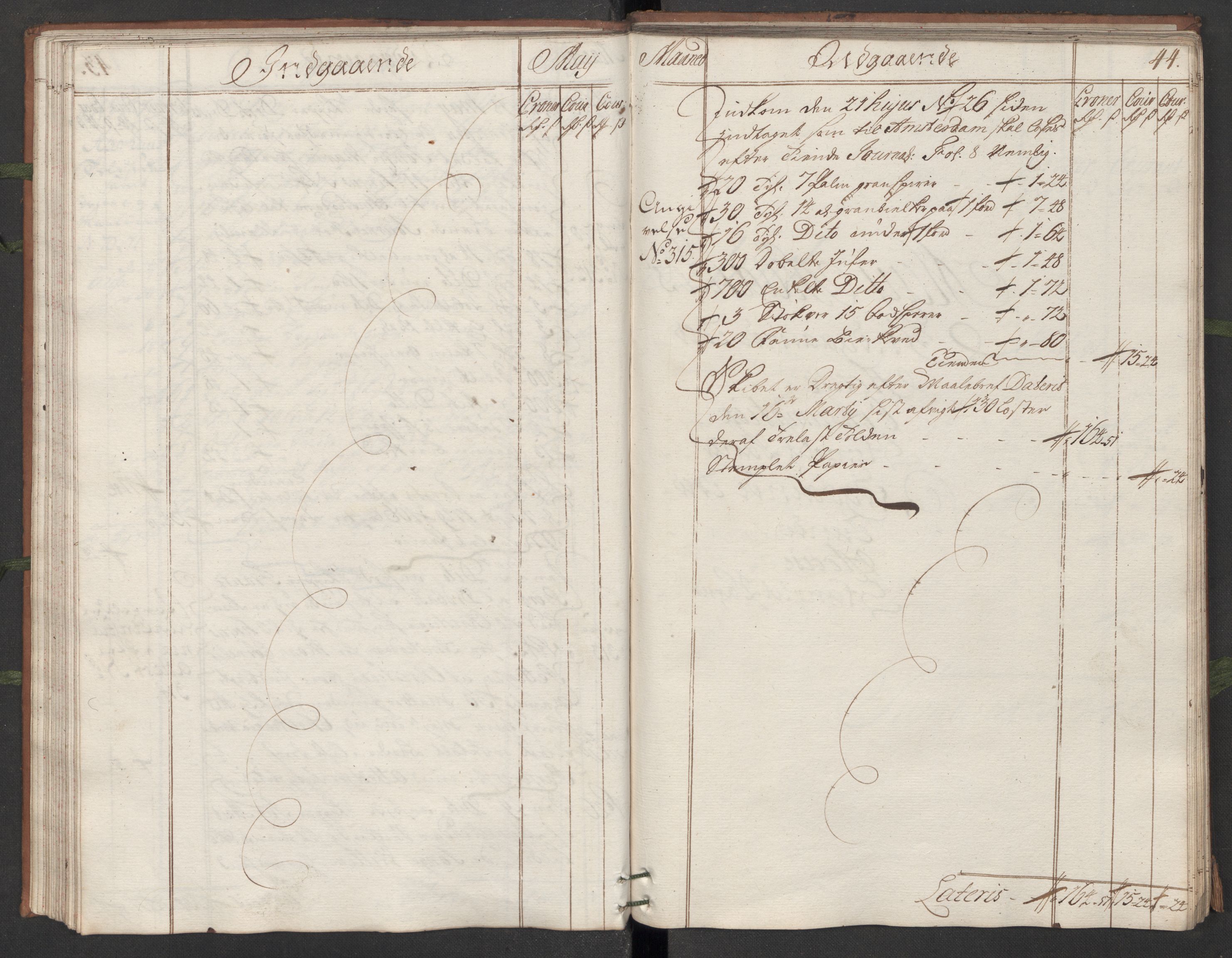 Generaltollkammeret, tollregnskaper, AV/RA-EA-5490/R07/L0010/0001: Tollregnskaper Sand / Hovedtollbok, 1733, p. 43b-44a