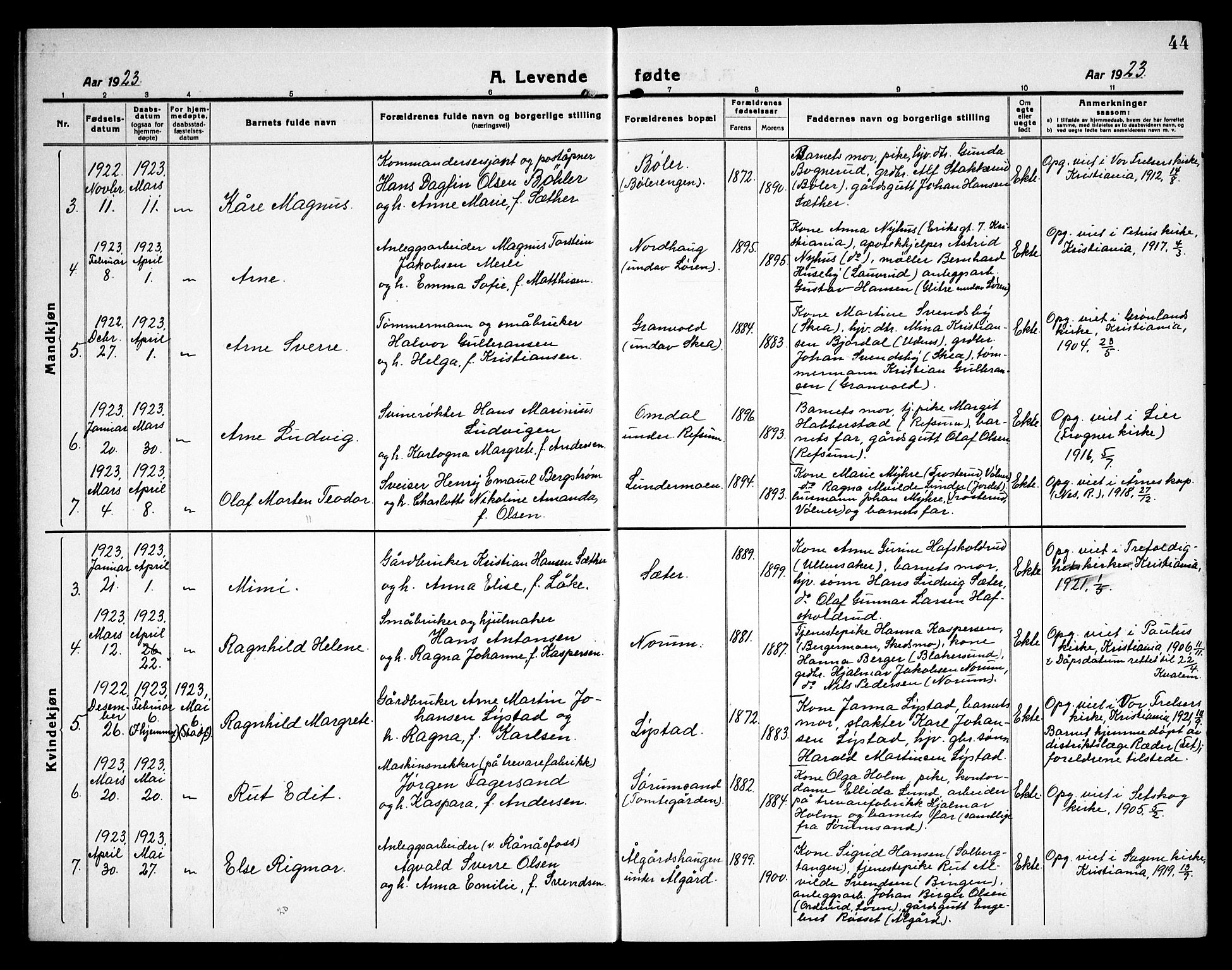 Sørum prestekontor Kirkebøker, AV/SAO-A-10303/G/Ga/L0008: Parish register (copy) no. I 8, 1917-1934, p. 44