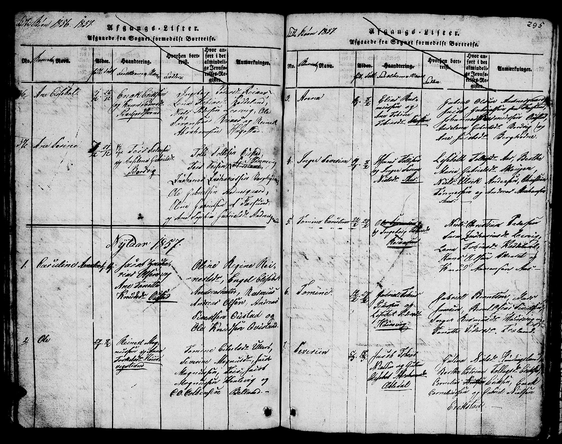 Lyngdal sokneprestkontor, SAK/1111-0029/F/Fb/Fba/L0001: Parish register (copy) no. B 1, 1816-1876, p. 295