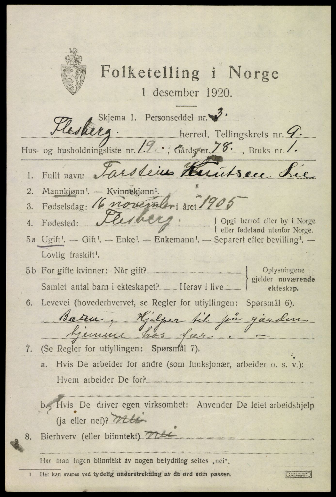 SAKO, 1920 census for Flesberg, 1920, p. 3715