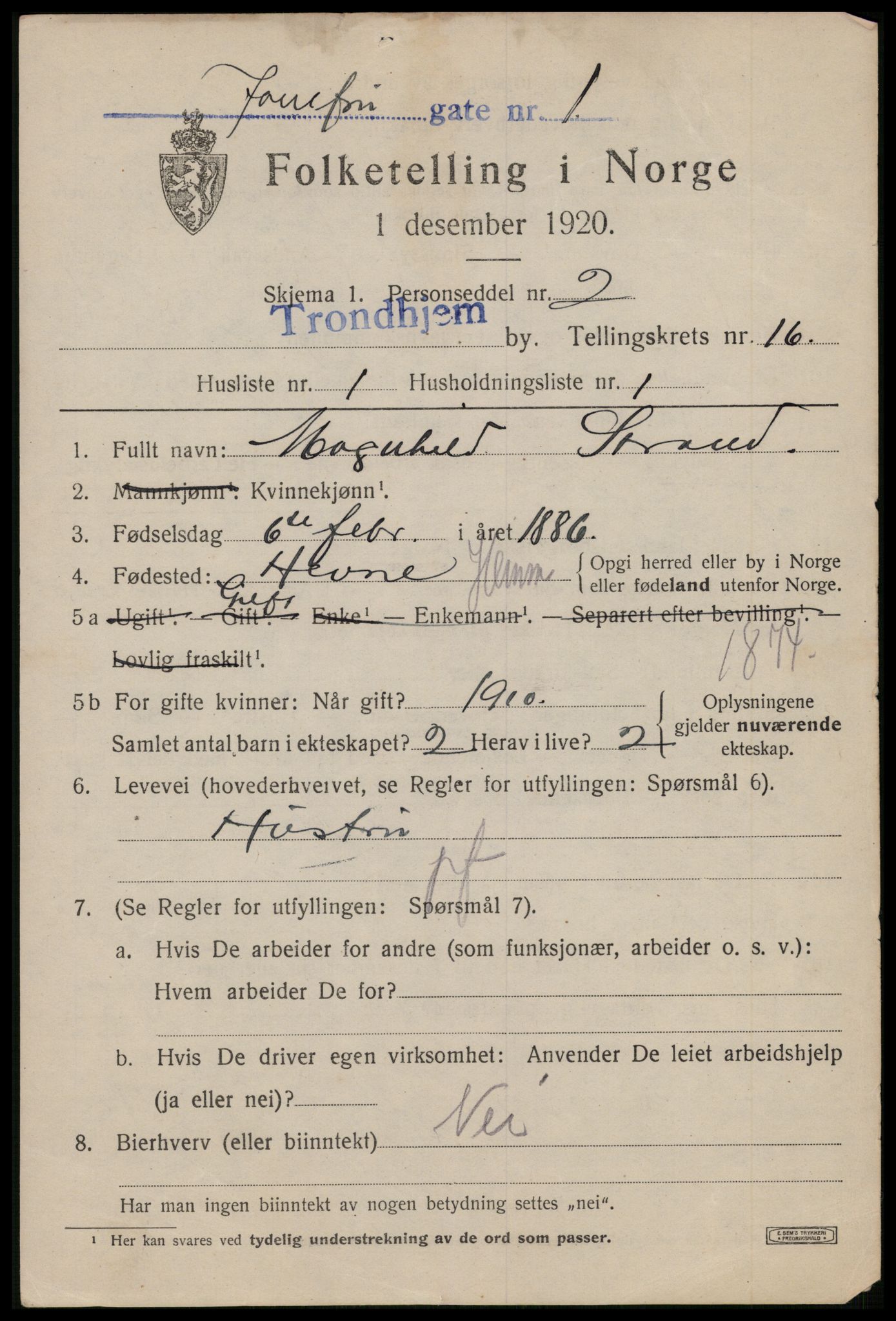 SAT, 1920 census for Trondheim, 1920, p. 54092