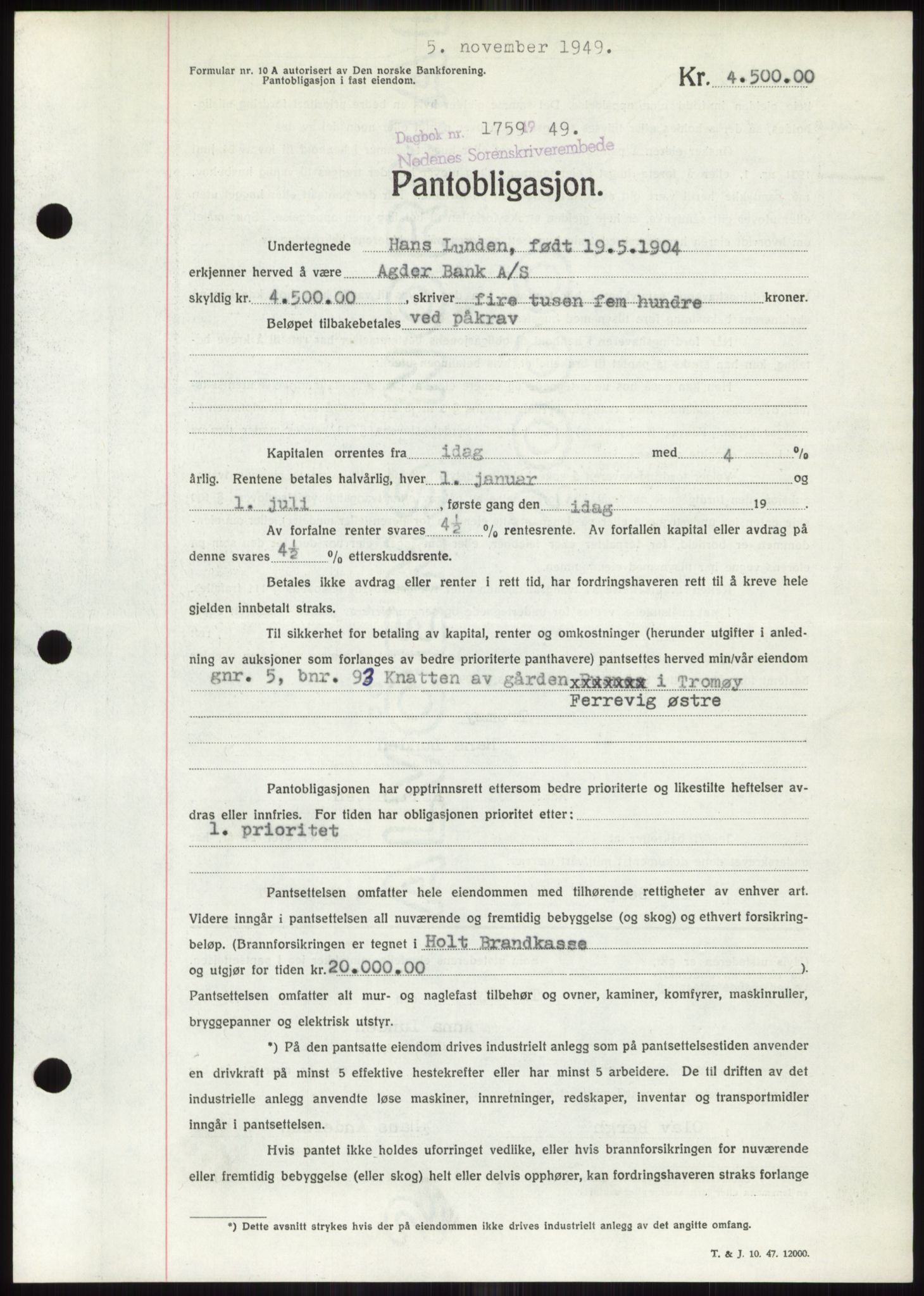 Nedenes sorenskriveri, AV/SAK-1221-0006/G/Gb/Gbb/L0007: Mortgage book no. B7, 1949-1950, Diary no: : 1759/1949