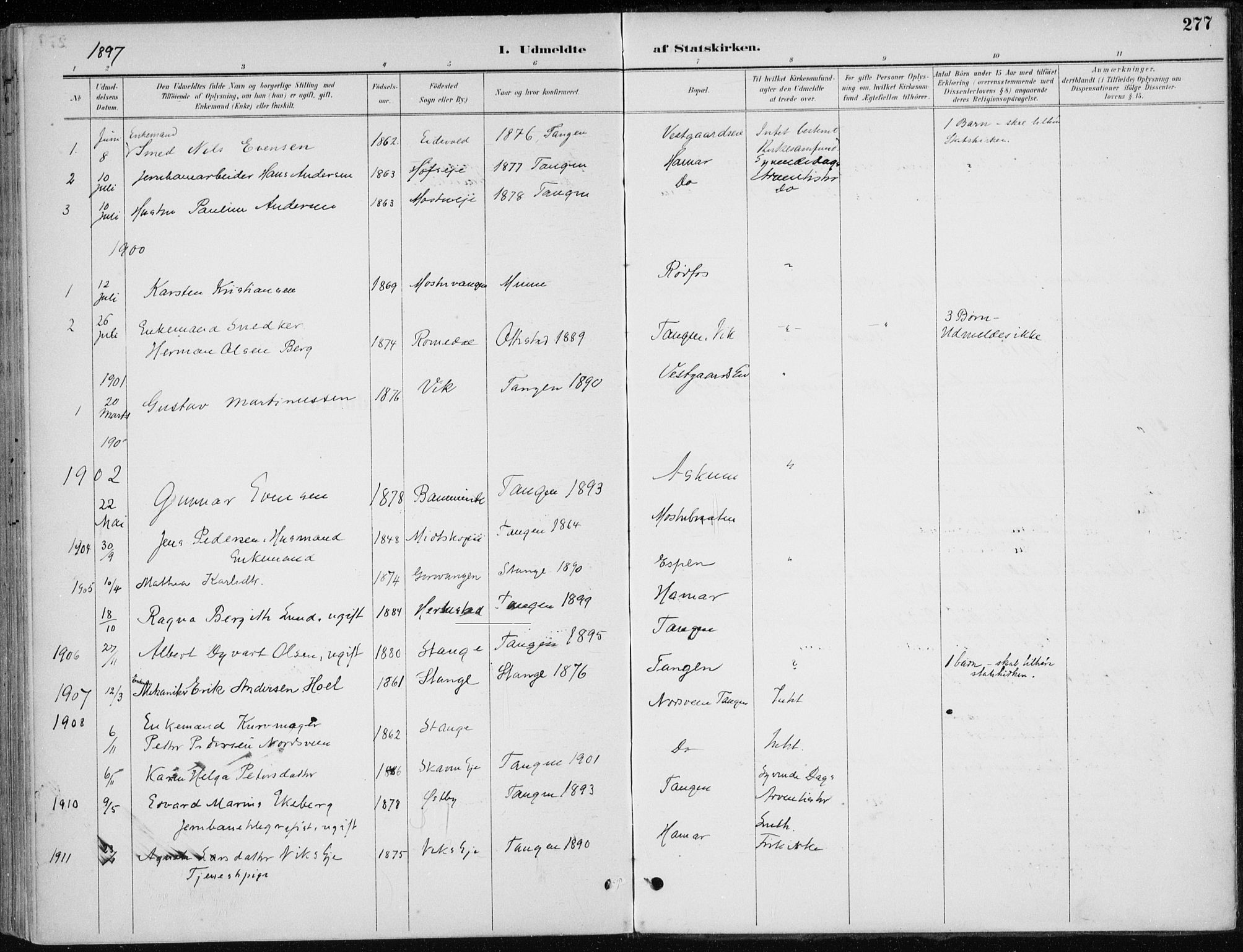 Stange prestekontor, SAH/PREST-002/K/L0023: Parish register (official) no. 23, 1897-1920, p. 277