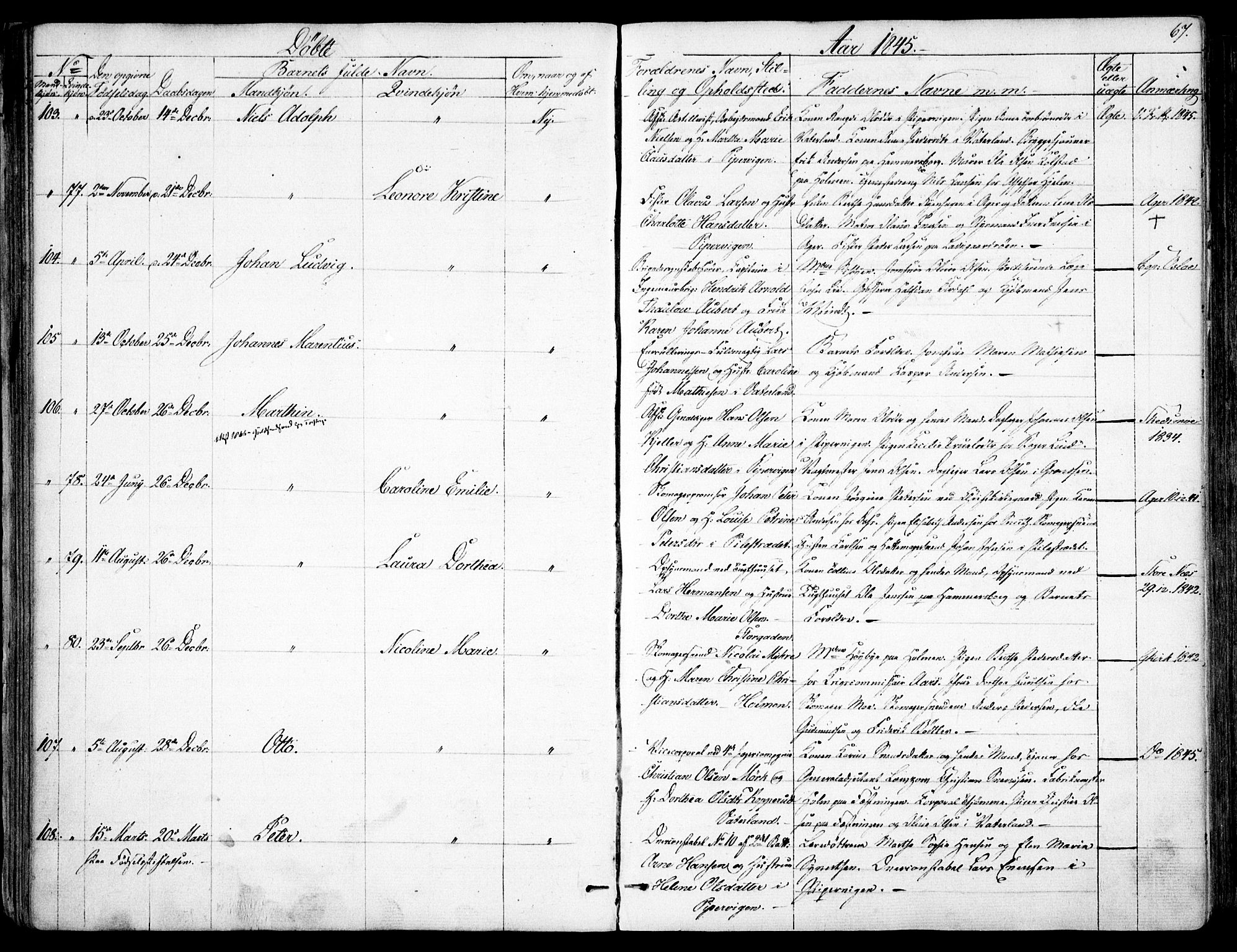 Garnisonsmenigheten Kirkebøker, AV/SAO-A-10846/F/Fa/L0008: Parish register (official) no. 8, 1842-1859, p. 67