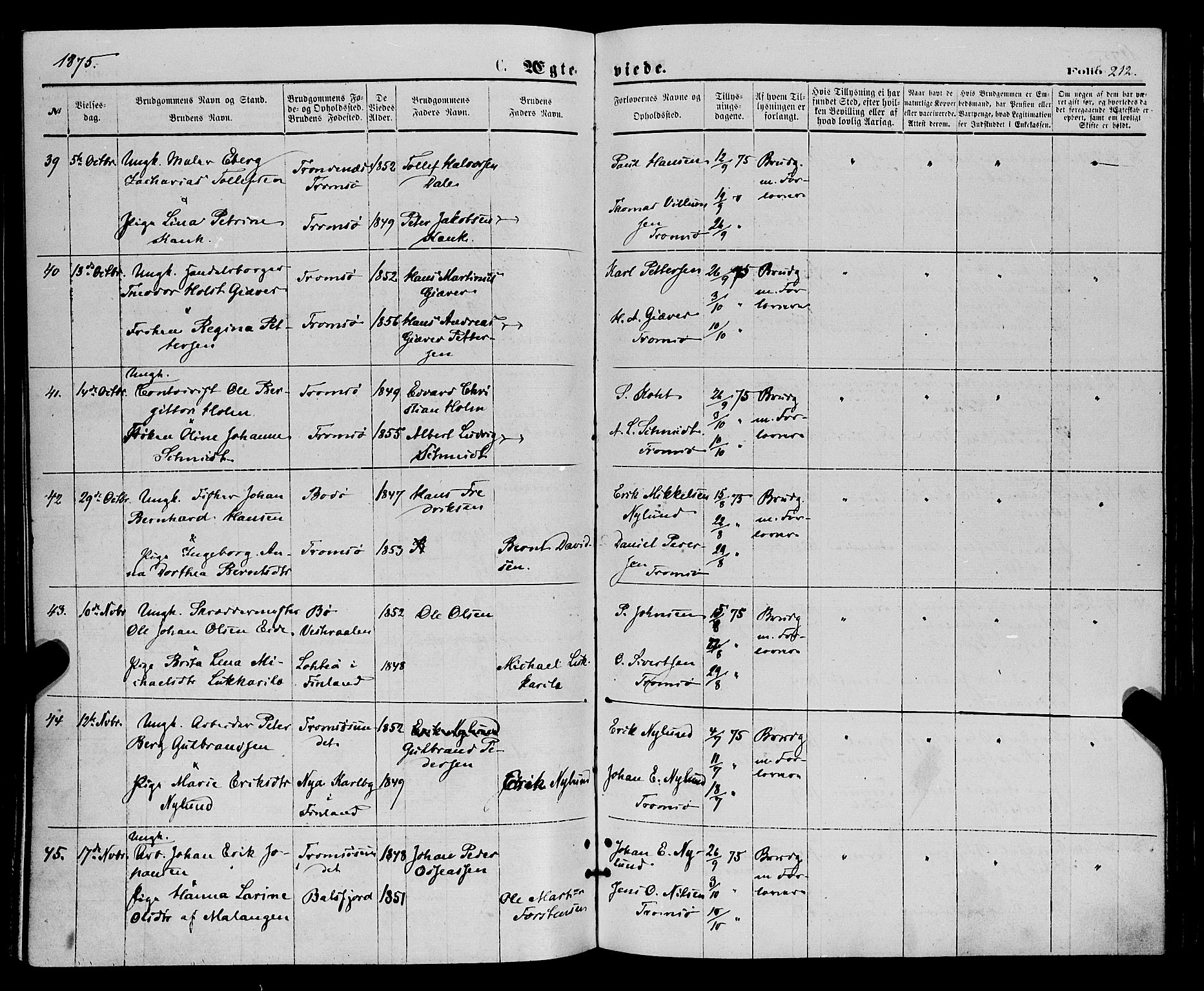 Tromsø sokneprestkontor/stiftsprosti/domprosti, SATØ/S-1343/G/Ga/L0013kirke: Parish register (official) no. 13, 1872-1877, p. 212