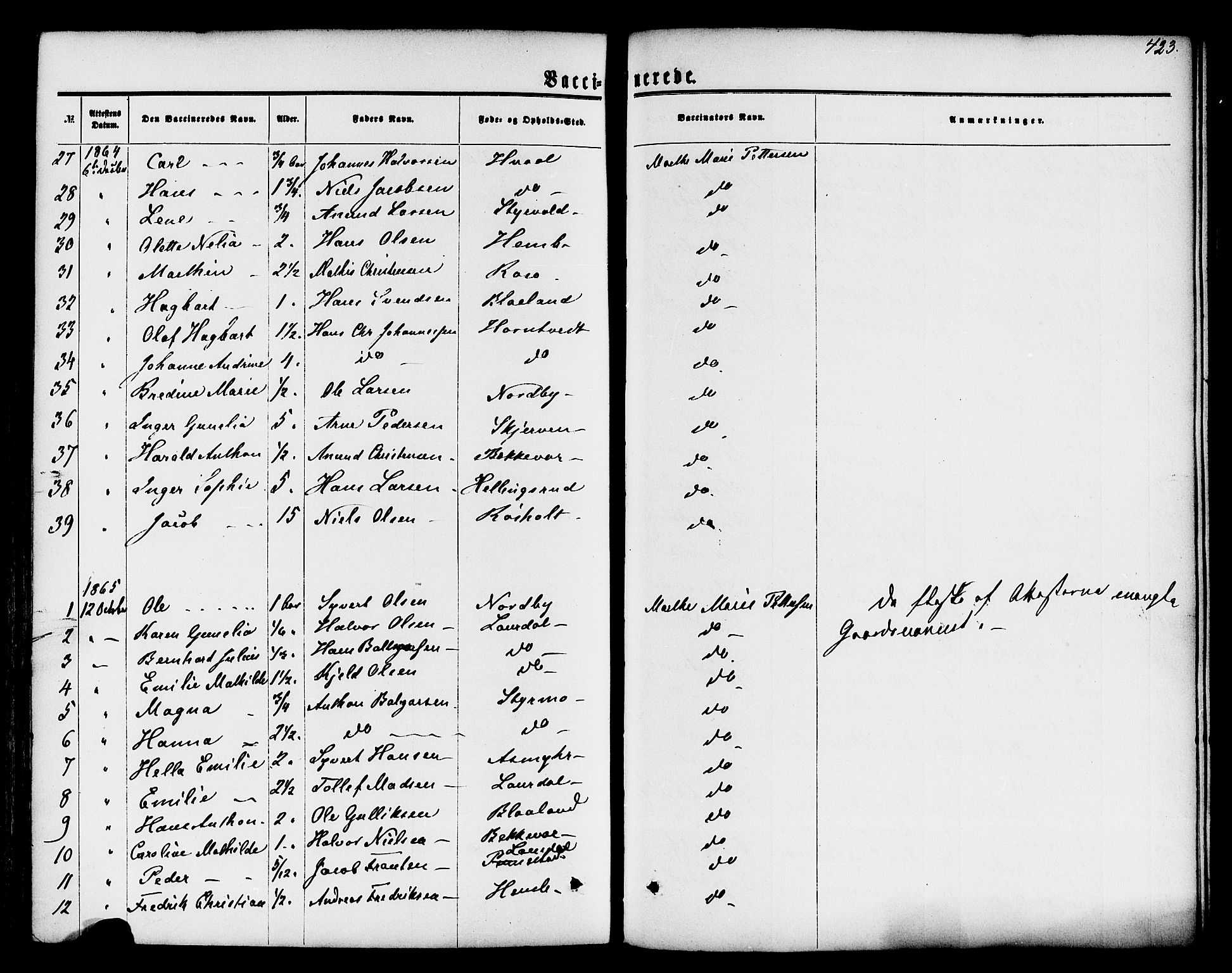 Lardal kirkebøker, AV/SAKO-A-350/F/Fa/L0007: Parish register (official) no. I 7, 1861-1880, p. 423