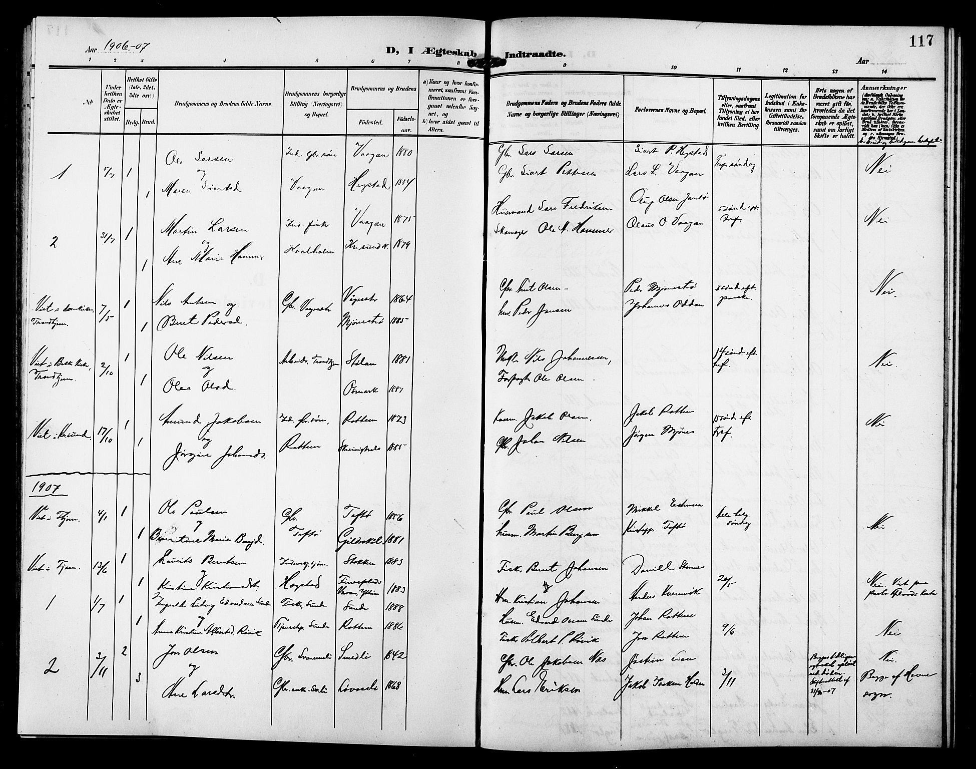 Ministerialprotokoller, klokkerbøker og fødselsregistre - Sør-Trøndelag, SAT/A-1456/633/L0520: Parish register (copy) no. 633C02, 1906-1921, p. 117