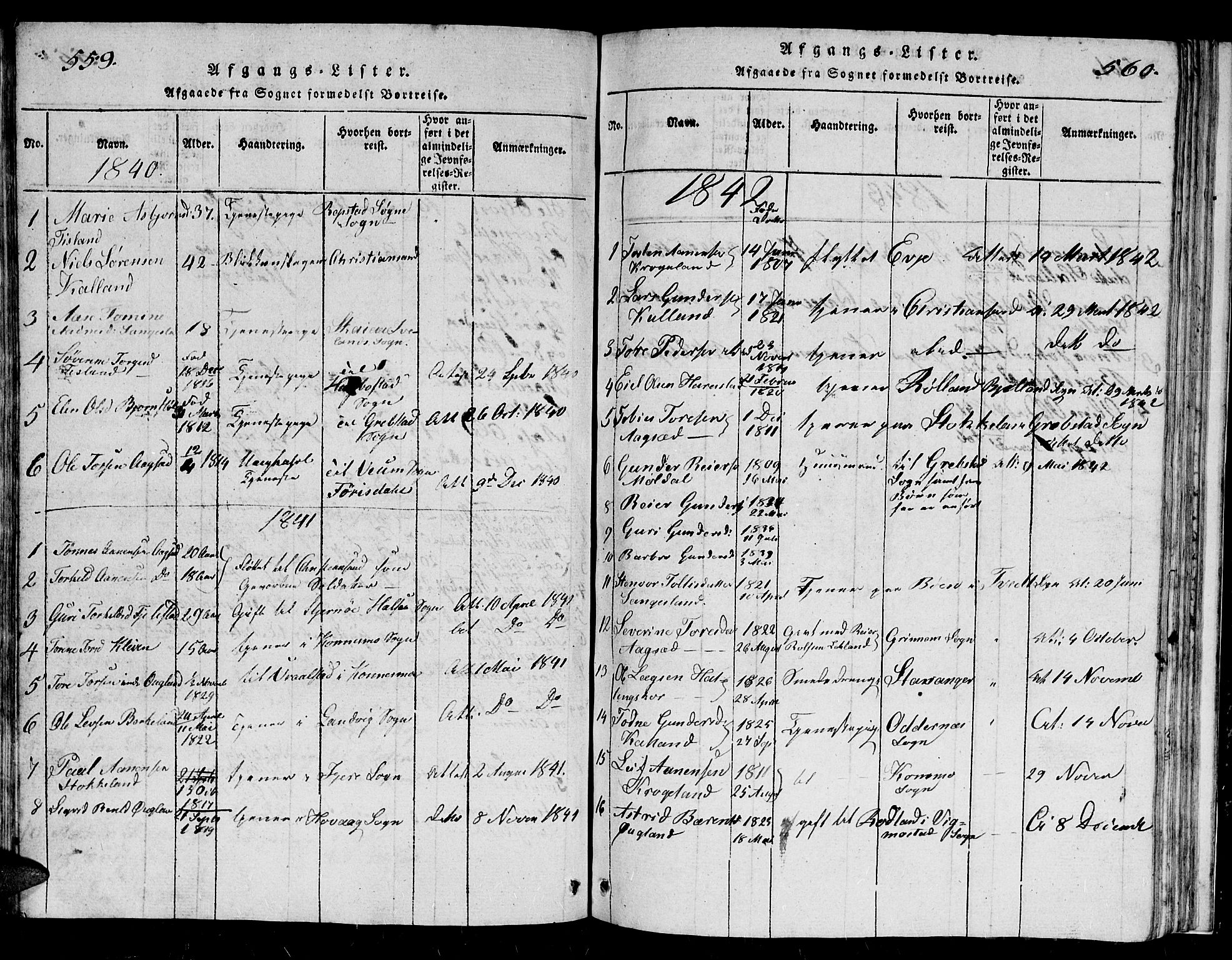 Holum sokneprestkontor, AV/SAK-1111-0022/F/Fb/Fbb/L0001: Parish register (copy) no. B 1, 1820-1847, p. 559-560