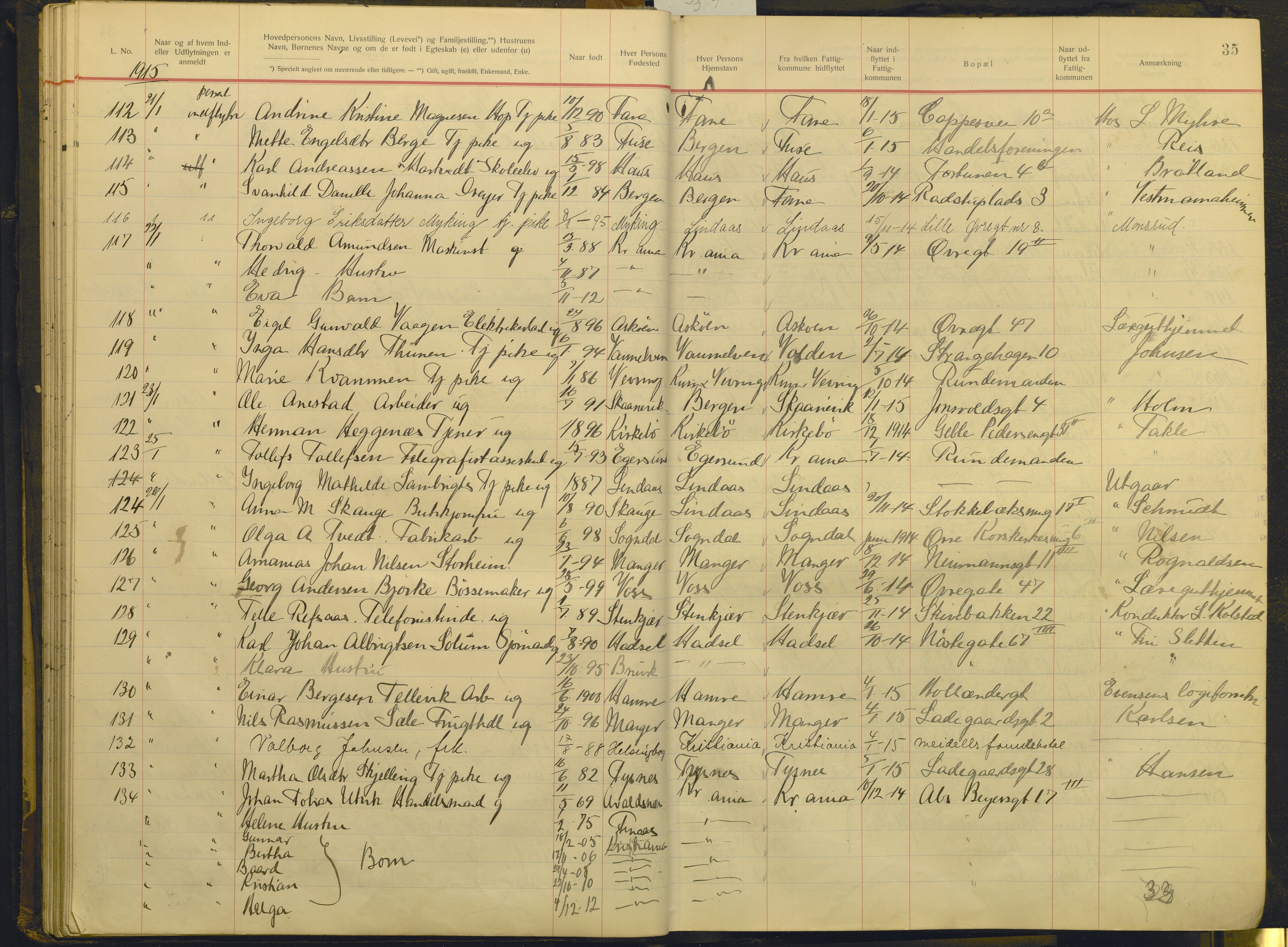 Bergen politikammer / politidistrikt, AV/SAB-A-60401/J.g/L0009: Protokoll over innflyttede, 1914-1917, p. 35