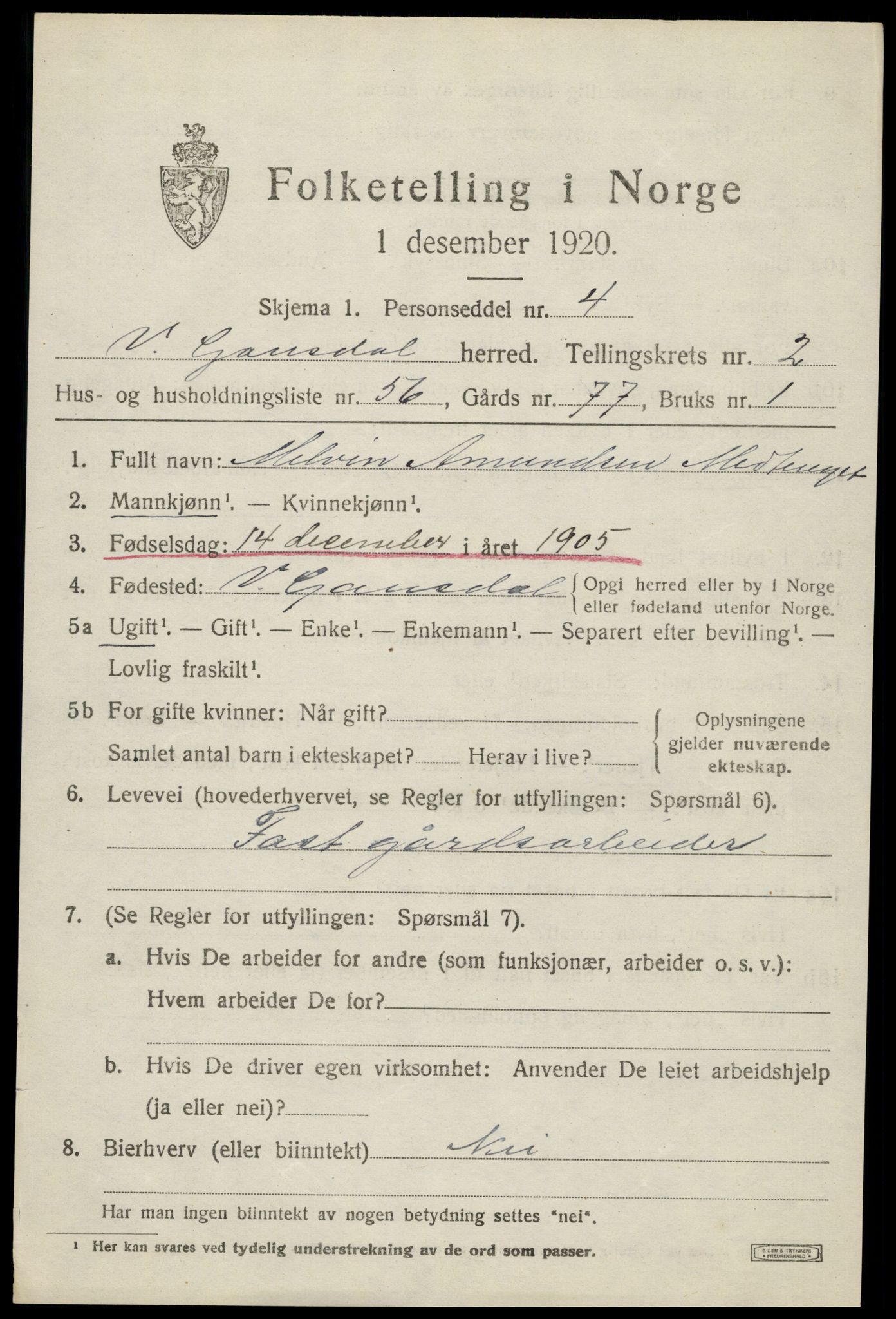 SAH, 1920 census for Vestre Gausdal, 1920, p. 2333