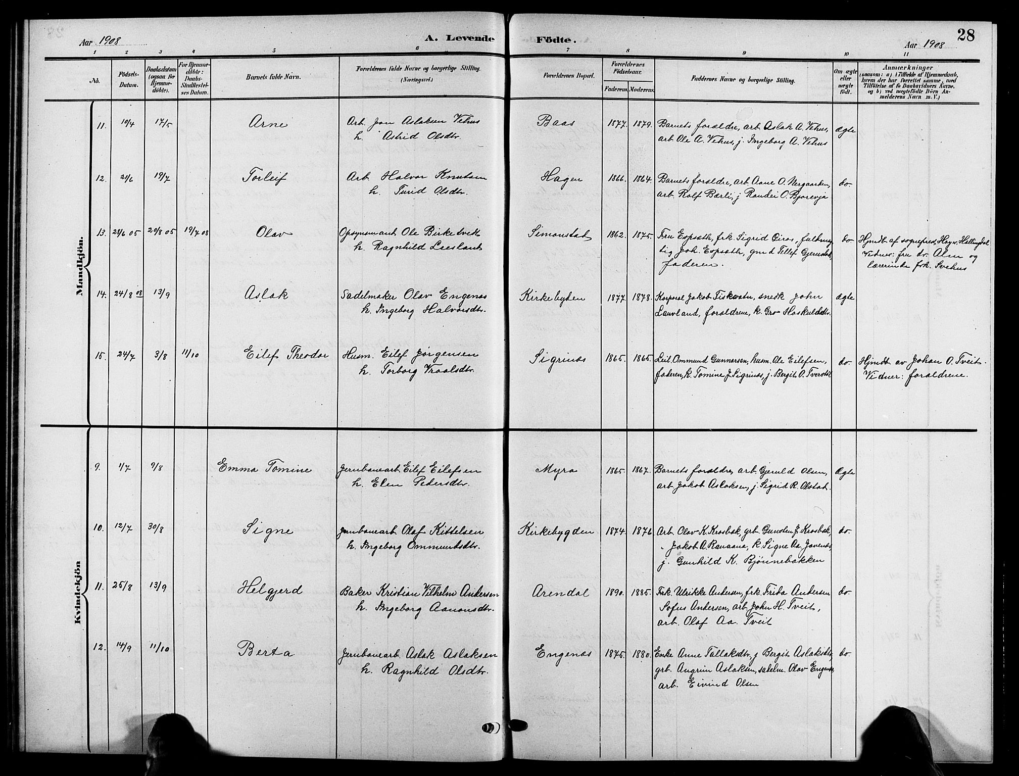 Åmli sokneprestkontor, SAK/1111-0050/F/Fb/Fbc/L0005: Parish register (copy) no. B 5, 1903-1916, p. 28