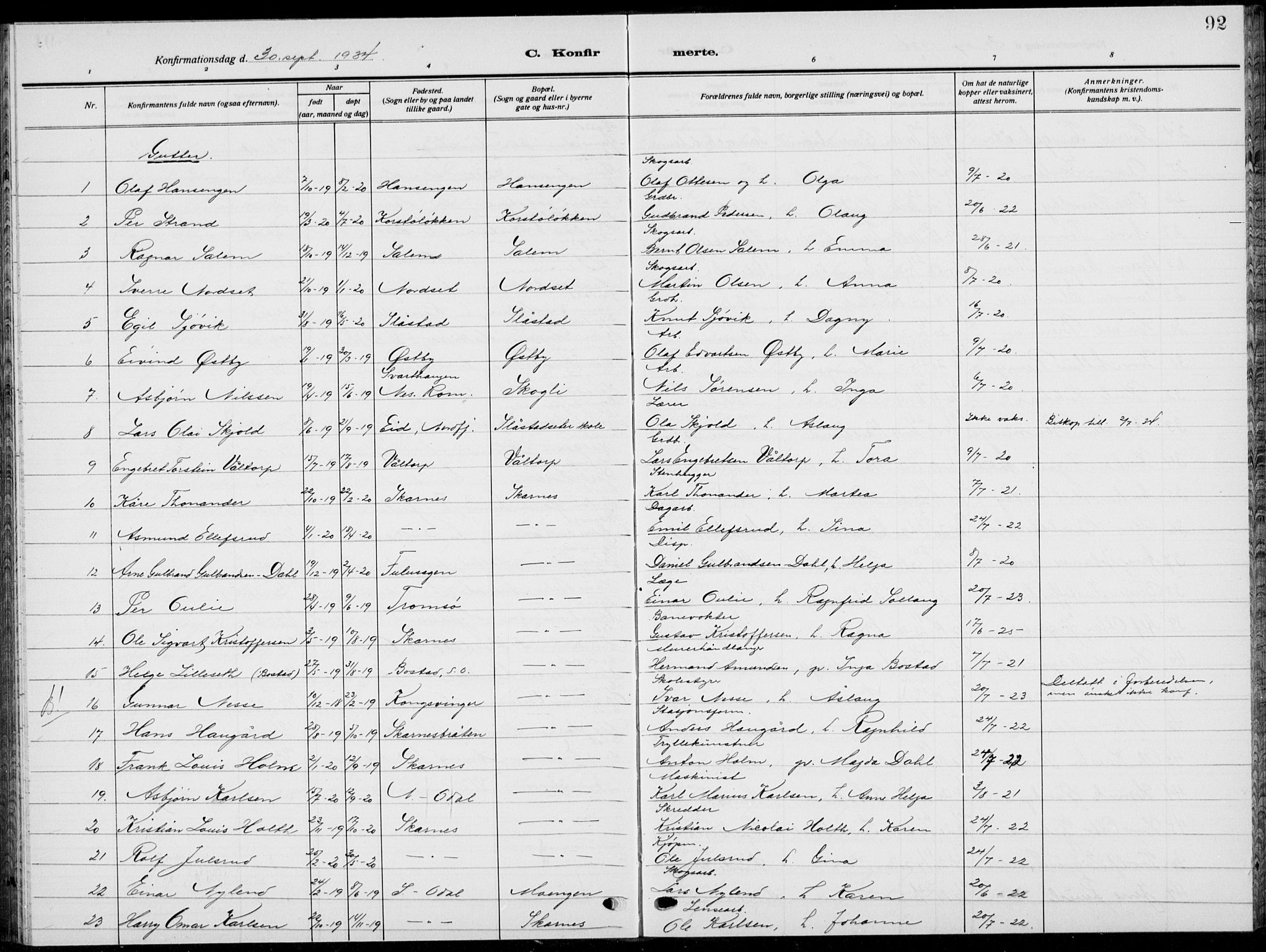 Sør-Odal prestekontor, AV/SAH-PREST-030/H/Ha/Hab/L0011: Parish register (copy) no. 11, 1922-1939, p. 92