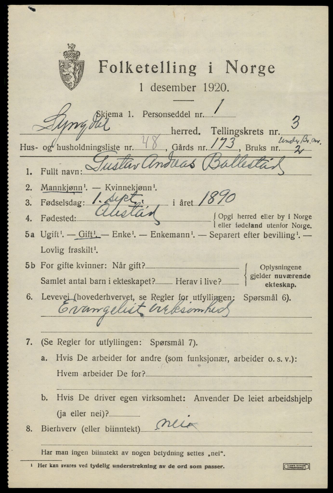 SAK, 1920 census for Lyngdal, 1920, p. 2301