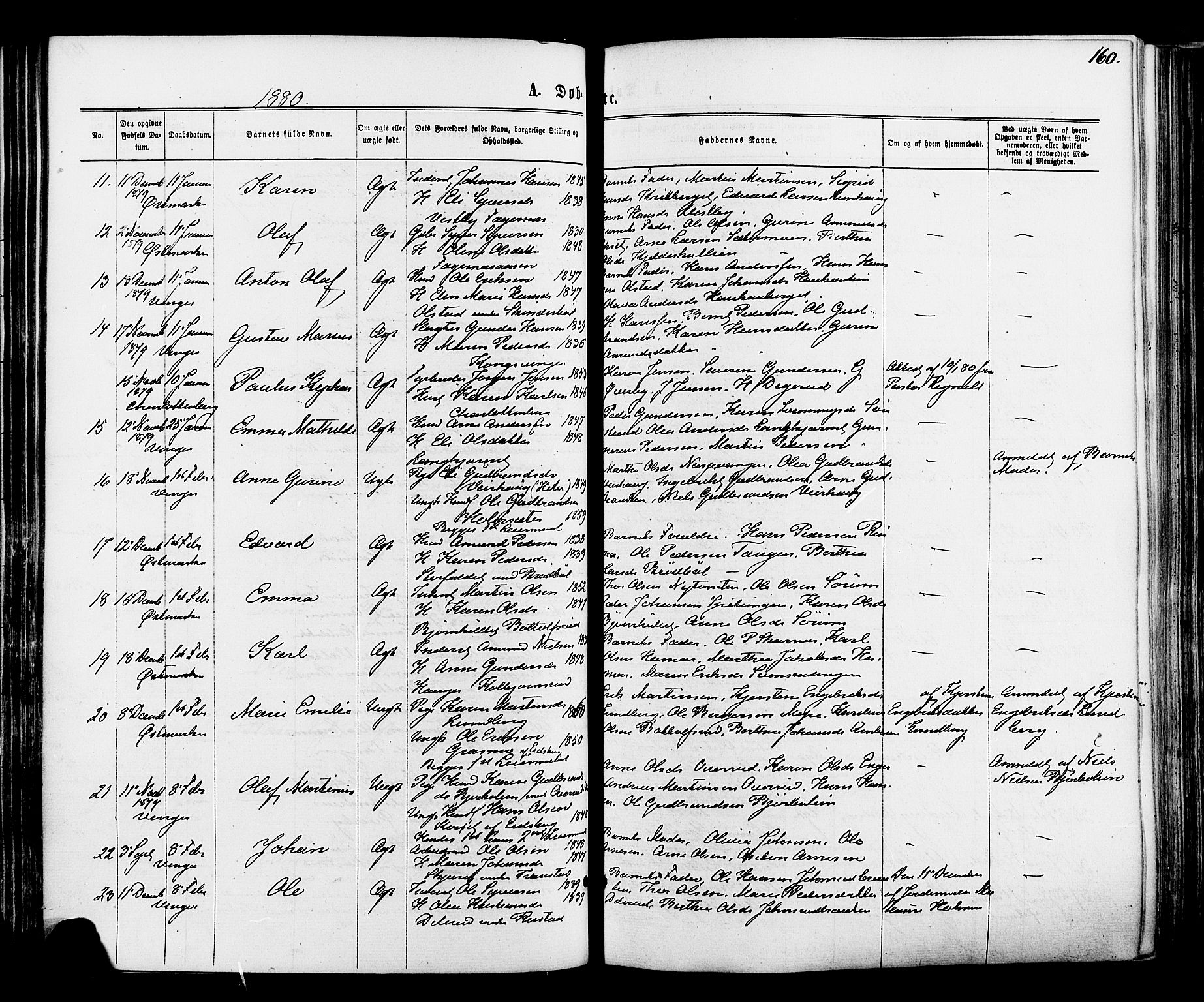 Vinger prestekontor, AV/SAH-PREST-024/H/Ha/Haa/L0012: Parish register (official) no. 12, 1871-1880, p. 160