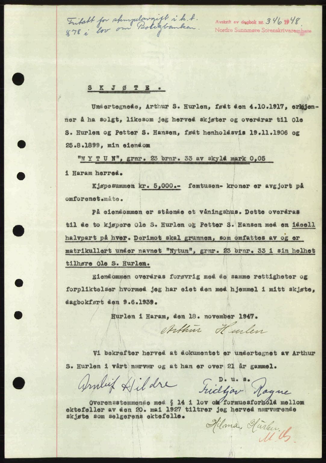 Nordre Sunnmøre sorenskriveri, AV/SAT-A-0006/1/2/2C/2Ca: Mortgage book no. A27, 1948-1948, Diary no: : 346/1948