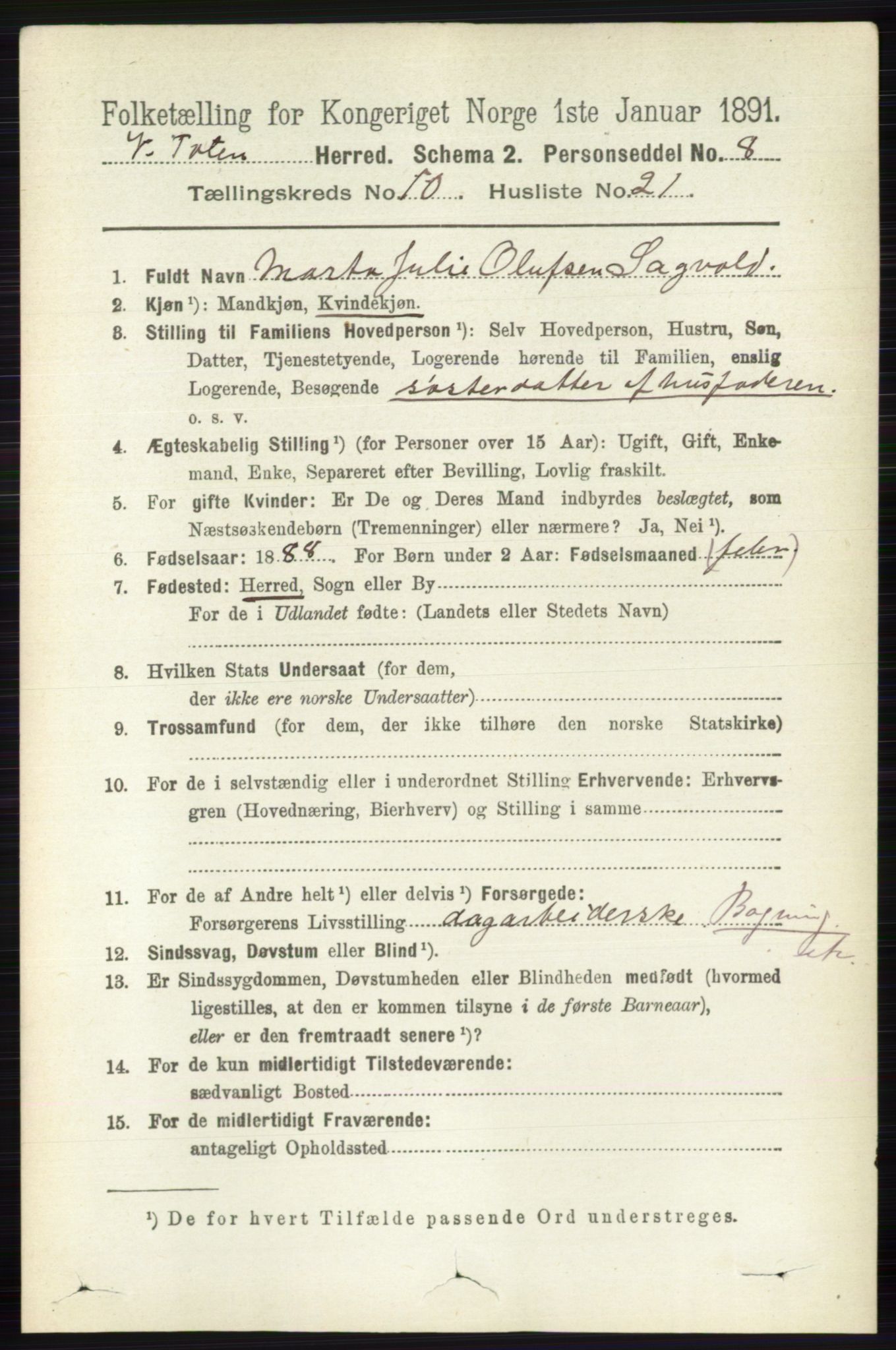 RA, 1891 census for 0529 Vestre Toten, 1891, p. 6334
