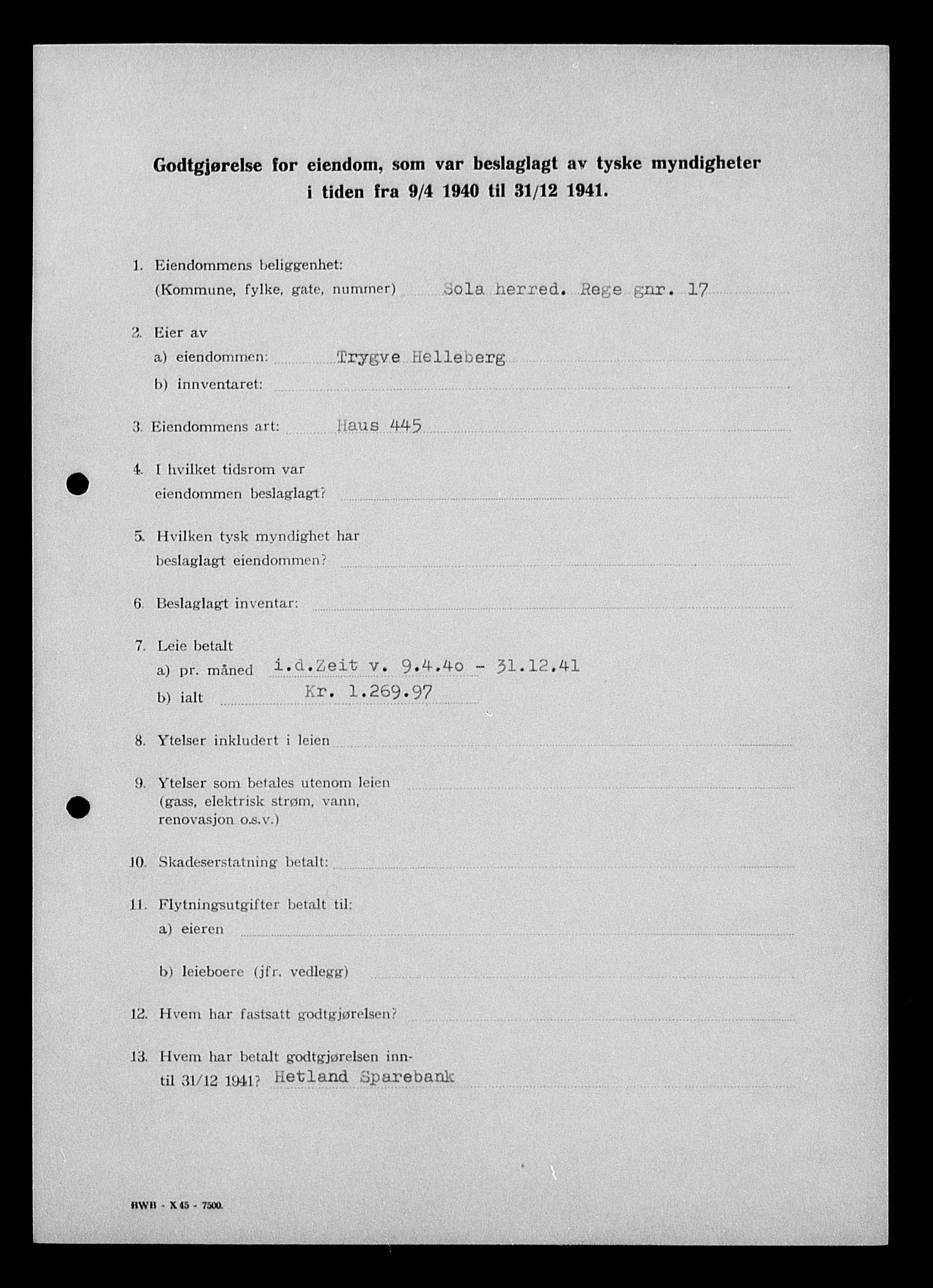 Justisdepartementet, Tilbakeføringskontoret for inndratte formuer, AV/RA-S-1564/I/L1014: Godtgjørelse for beslaglagt eiendom, 1940-1941, p. 318